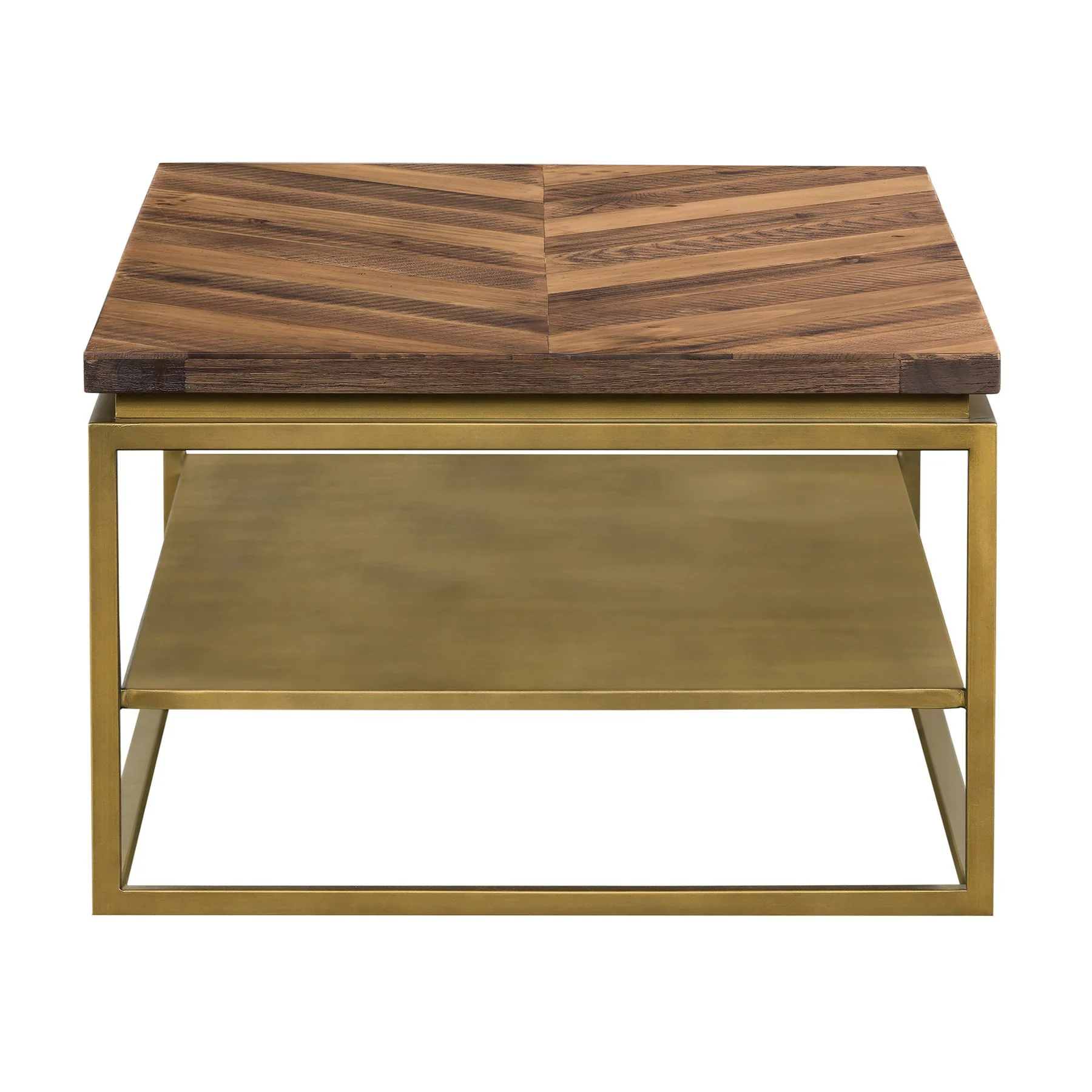 Faye Rustic Brown Wood Coffee Table with Shelf and Antique Brass Metal Base - Image 3