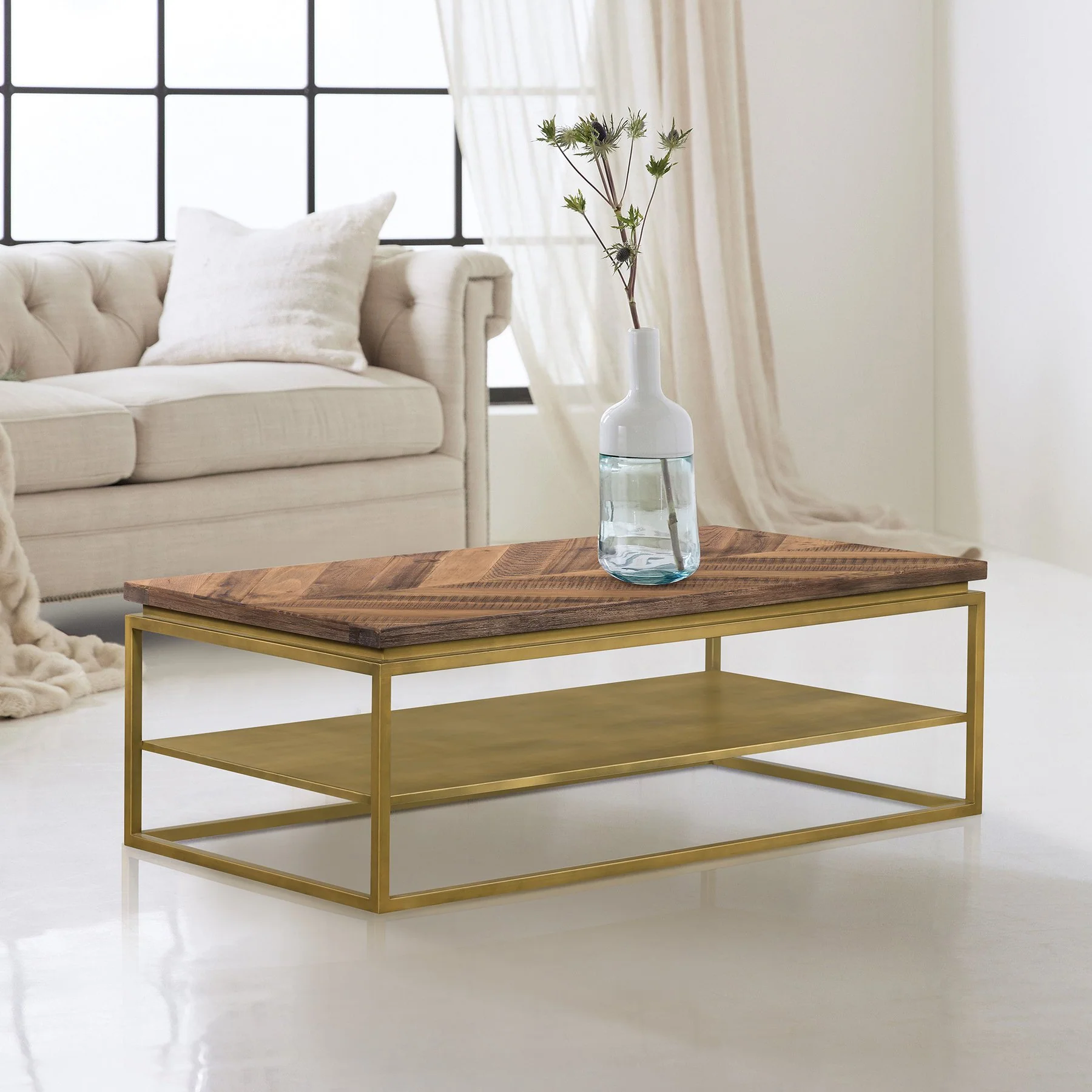 Faye Rustic Brown Wood Coffee Table with Shelf and Antique Brass Metal Base - Image 8