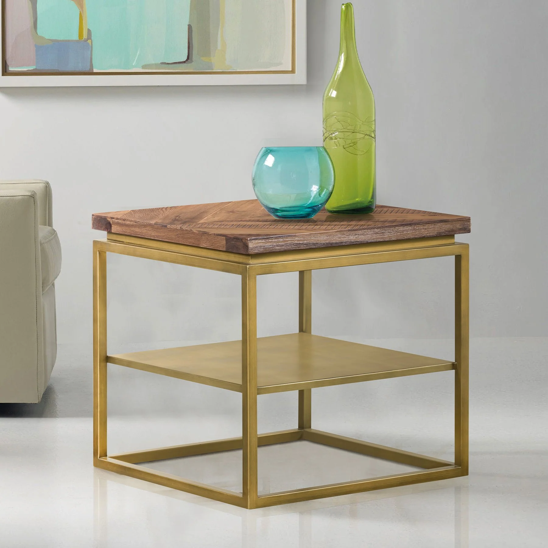 Faye Rustic Brown Wood Side table with Shelf and Antique Brass Base - Image 8