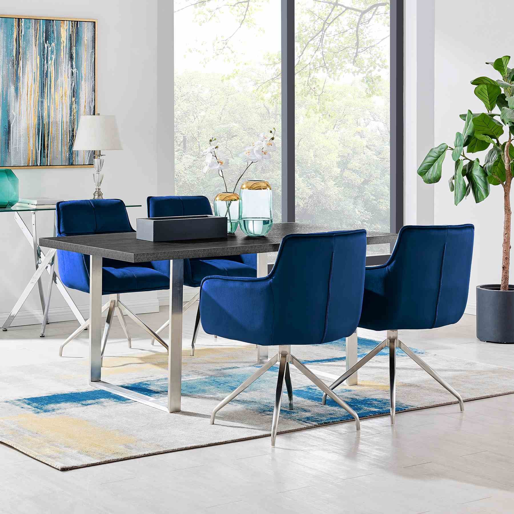 Fenton and Noah 5 Piece Modern Rectangular Dining Set in Black Melamine Wood and Blue Fabric - Image 8