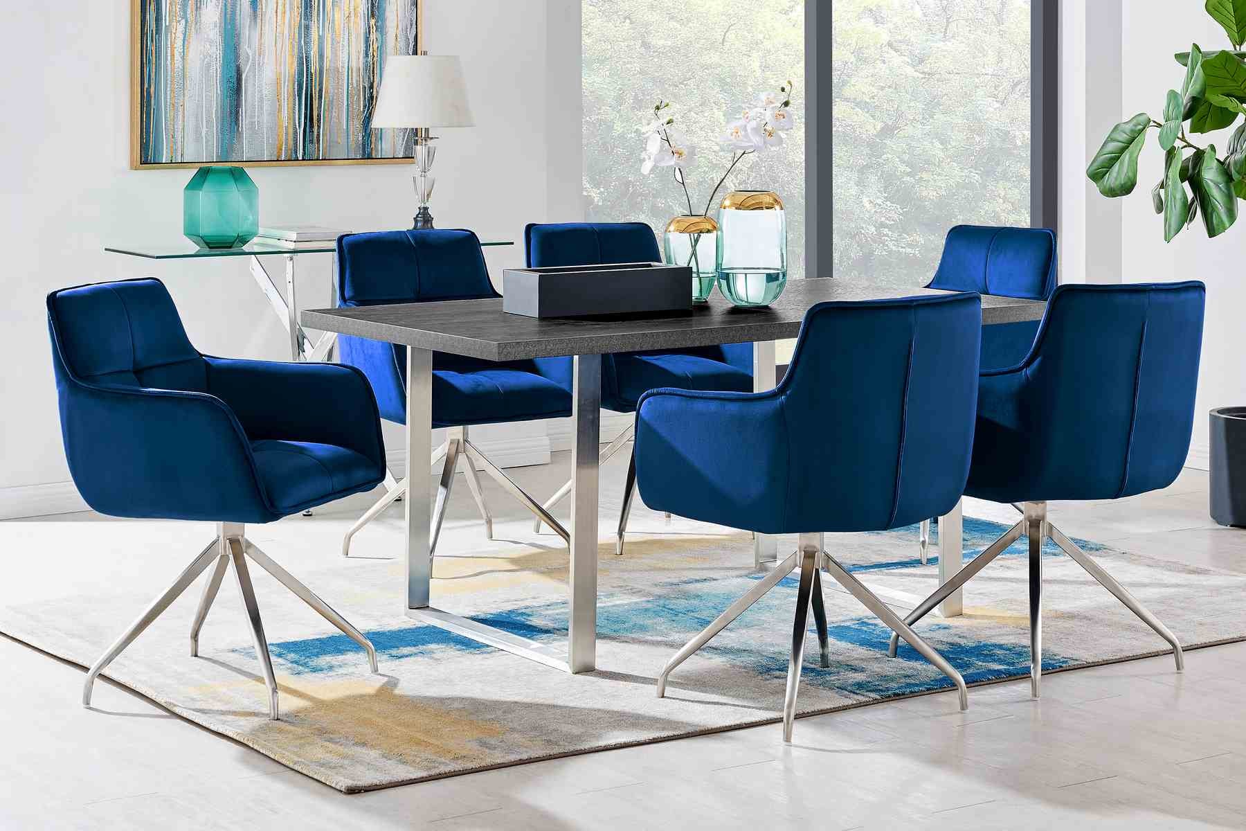 Fenton and Noah 7 Piece Modern Rectangular Dining Set in Black Melamine Wood and Blue Fabric - Image 8
