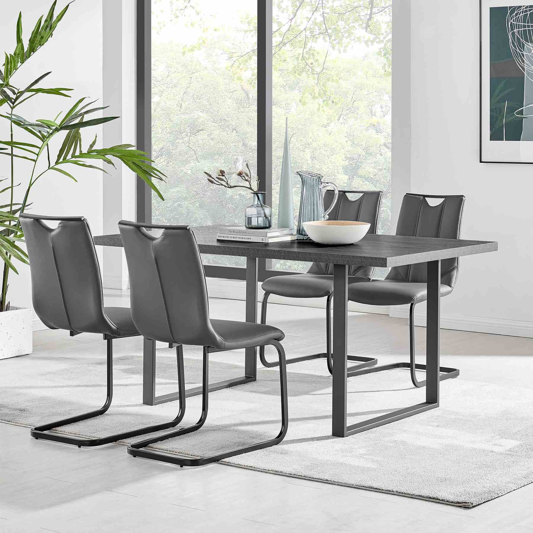 Fenton and Pacific 5 Piece Modern Rectangular Dining Set with Black Base in Black Melamine Wood and Gray Fabric - Image 8