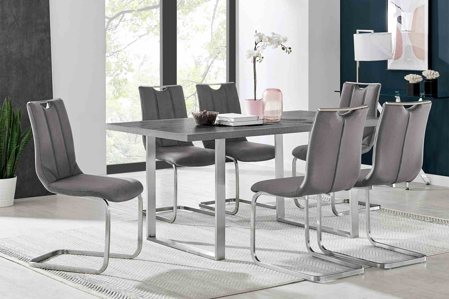 Fenton and Pacific 7 Piece Modern Rectangular Dining Set with Metal Base in Black Melamine Wood and Gray Fabric - Image 8