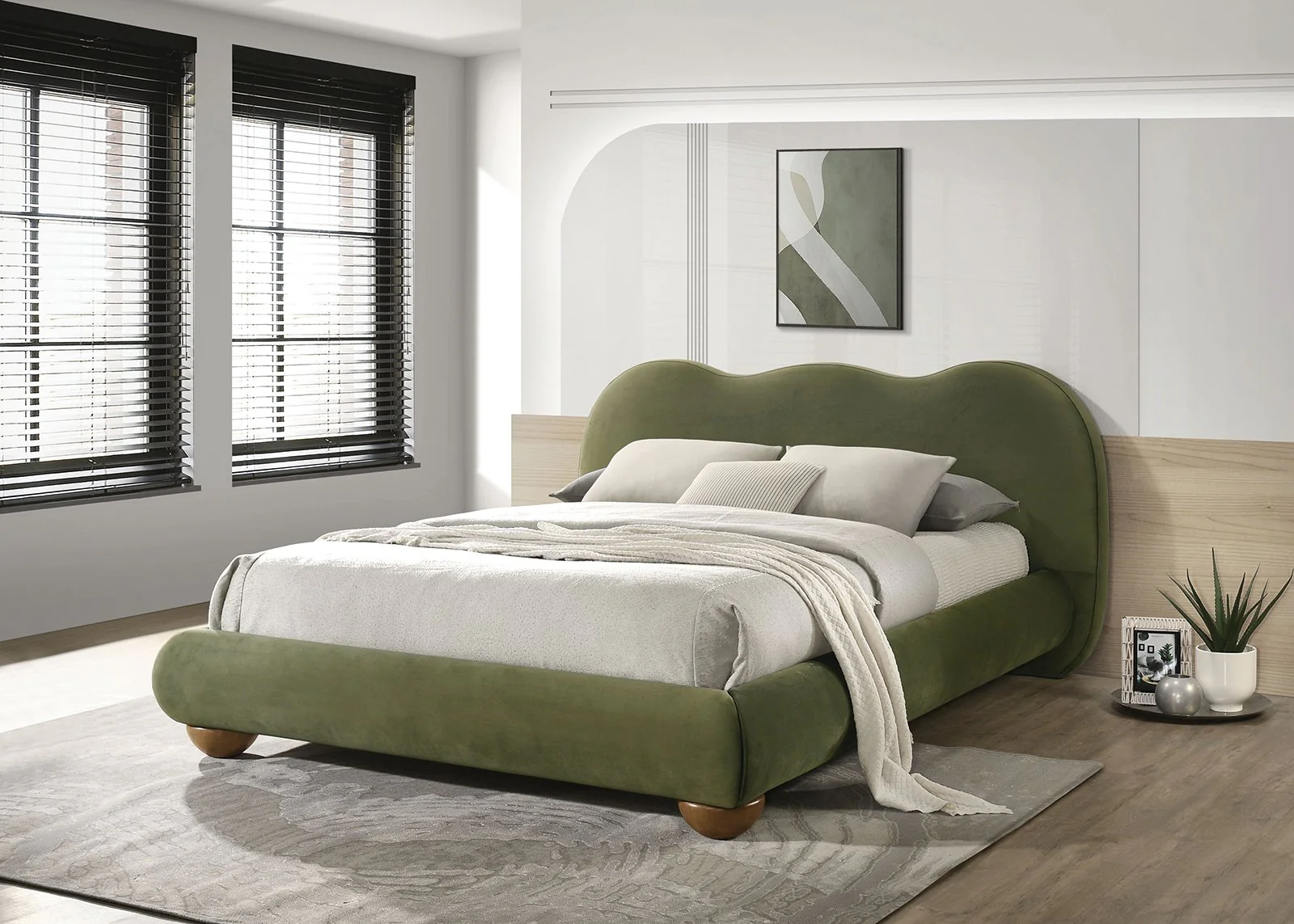 Finamore Queen Bed, Olive Green Velvet - Image 2