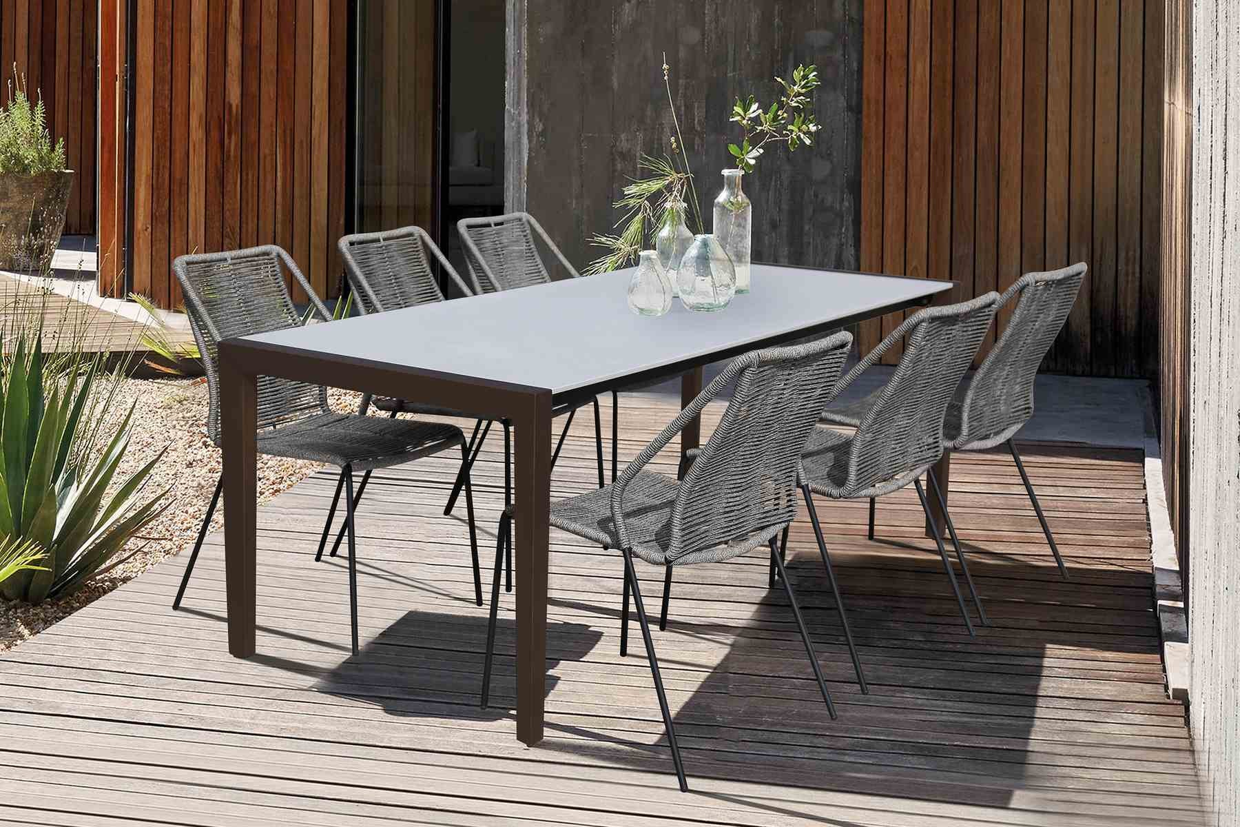 Fineline and Clip Indoor Outdoor 7 Piece Dining Set in Dark Eucalyptus Wood with Superstone and Gray Rope - Image 9