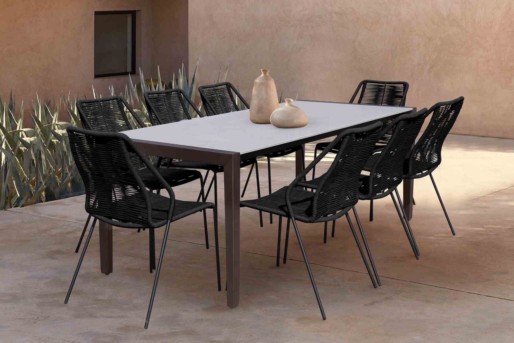 Fineline and Clip Indoor Outdoor 9 Piece Dining Set in Dark Eucalyptus Wood with Superstone and Black Rope - Image 9