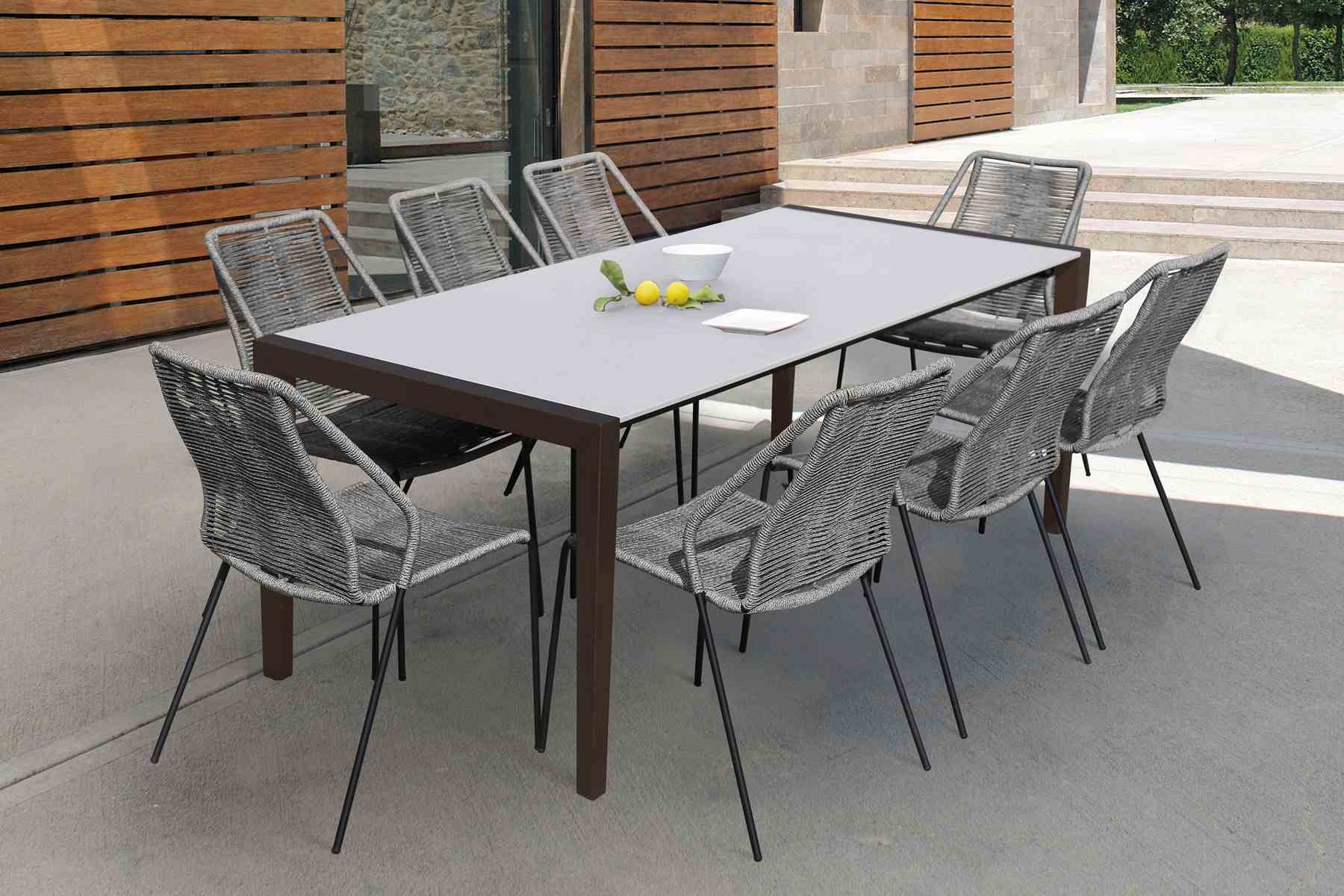 Fineline and Clip Indoor Outdoor 9 Piece Dining Set in Dark Eucalyptus Wood with Superstone and Gray Rope - Image 9