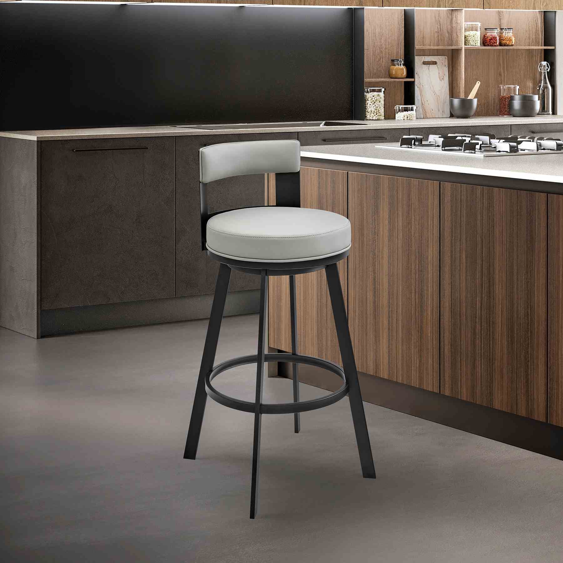 Flynn 26" Swivel Counter Stool in Black Metal with Light Gray Faux Leather - Image 9
