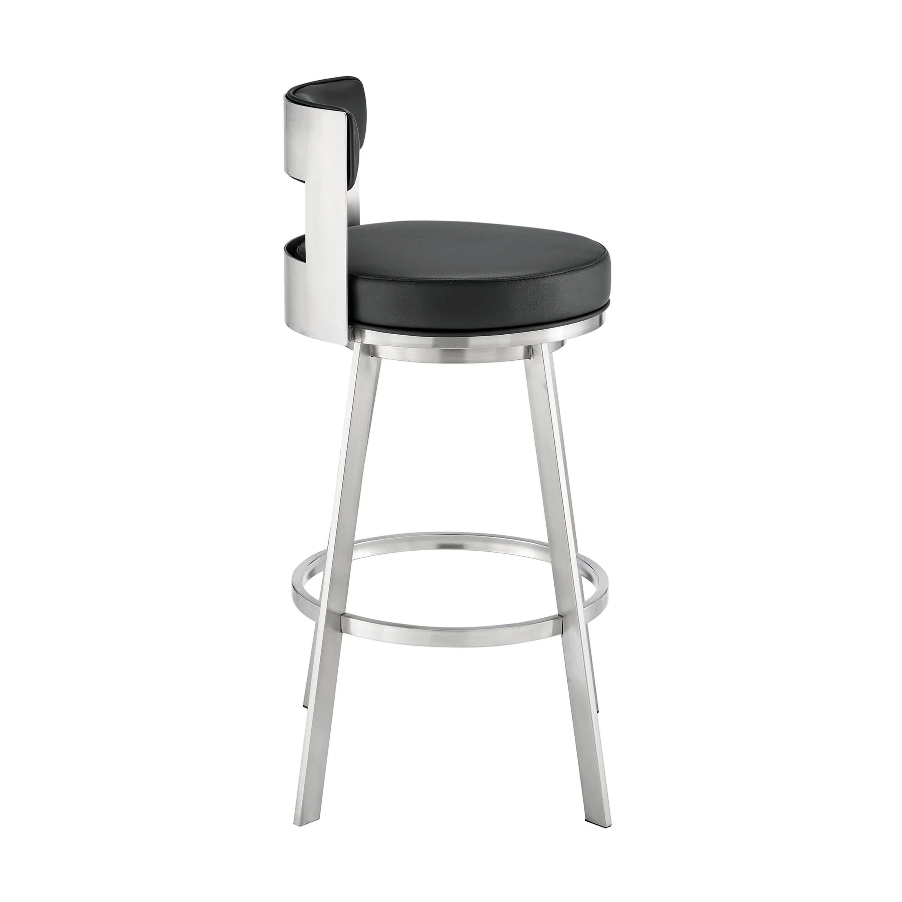 Flynn 26" Swivel Counter Stool in Brushed Stainless Steel with Black Faux Leather - Image 3
