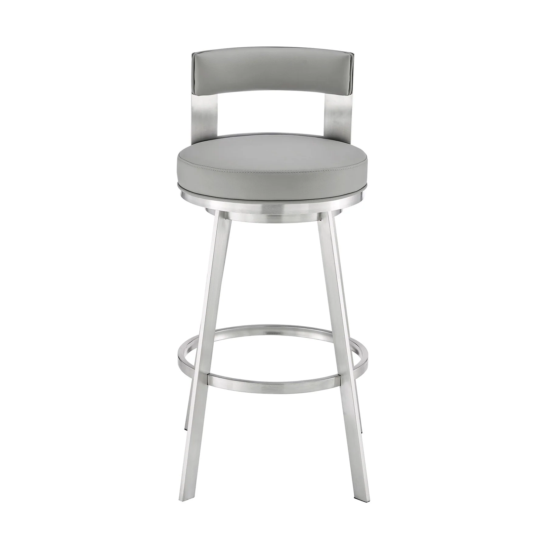 Flynn 26" Swivel Counter Stool in Brushed Stainless Steel with Light Gray Faux Leather - Image 2