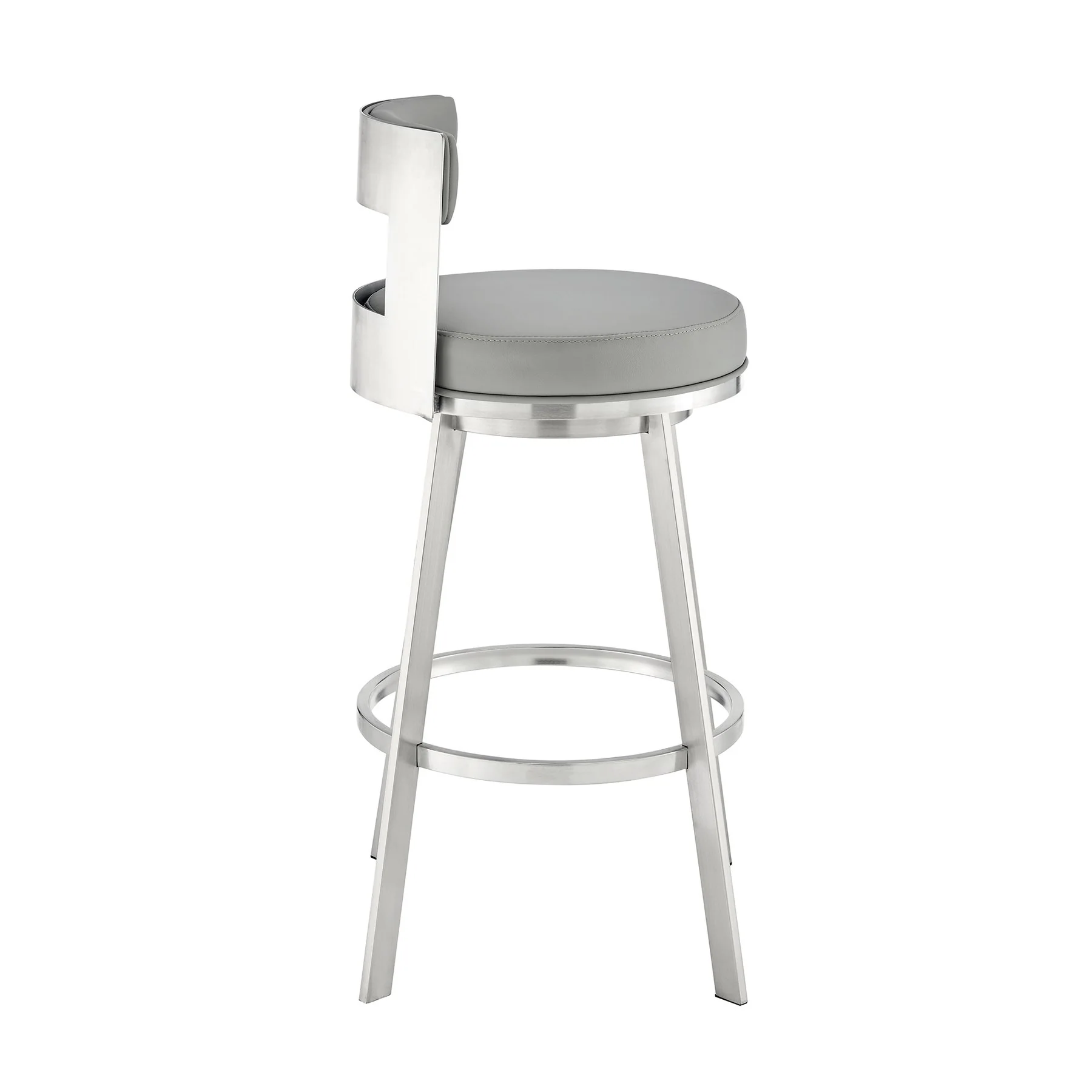 Flynn 26" Swivel Counter Stool in Brushed Stainless Steel with Light Gray Faux Leather - Image 3
