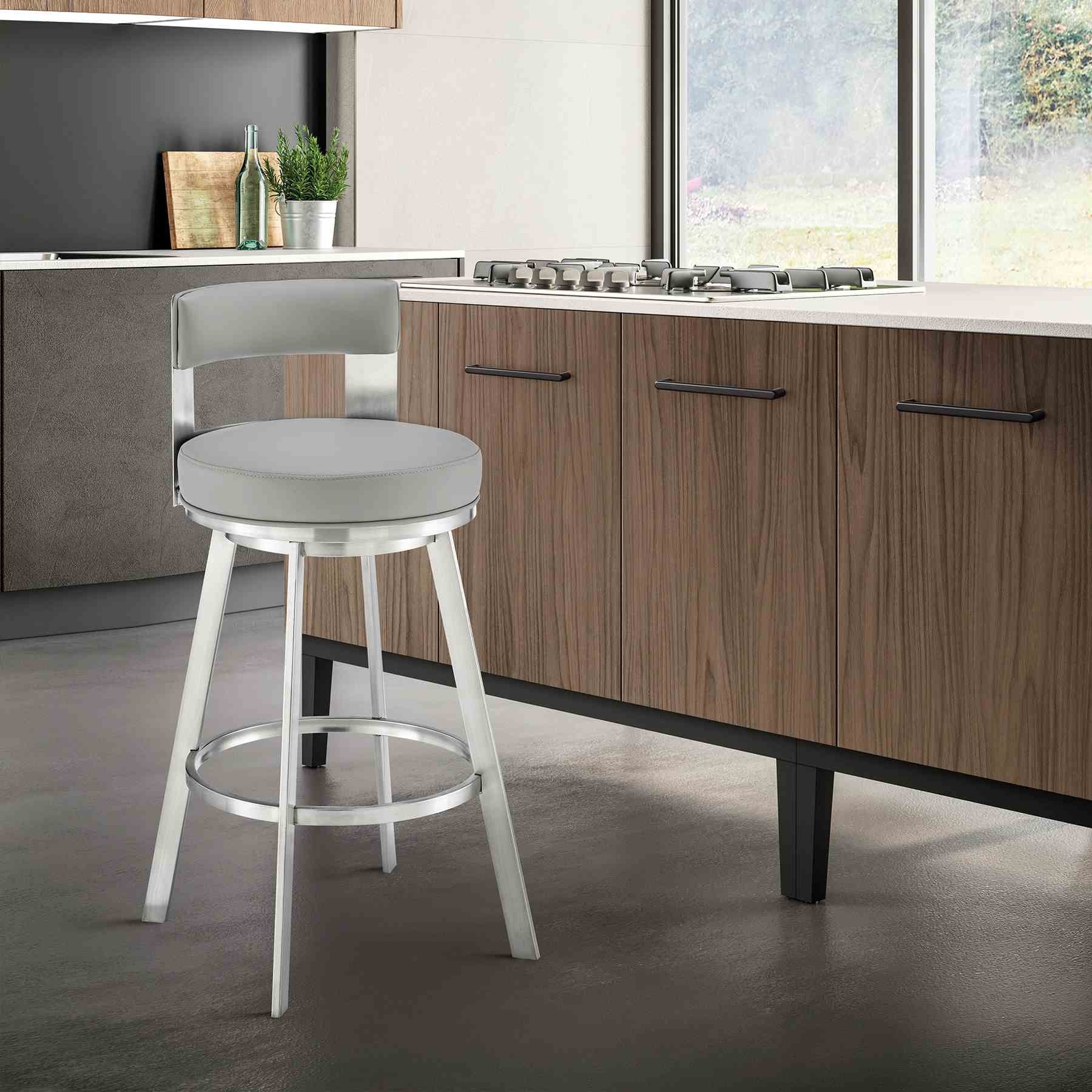 Flynn 26" Swivel Counter Stool in Brushed Stainless Steel with Light Gray Faux Leather - Image 9
