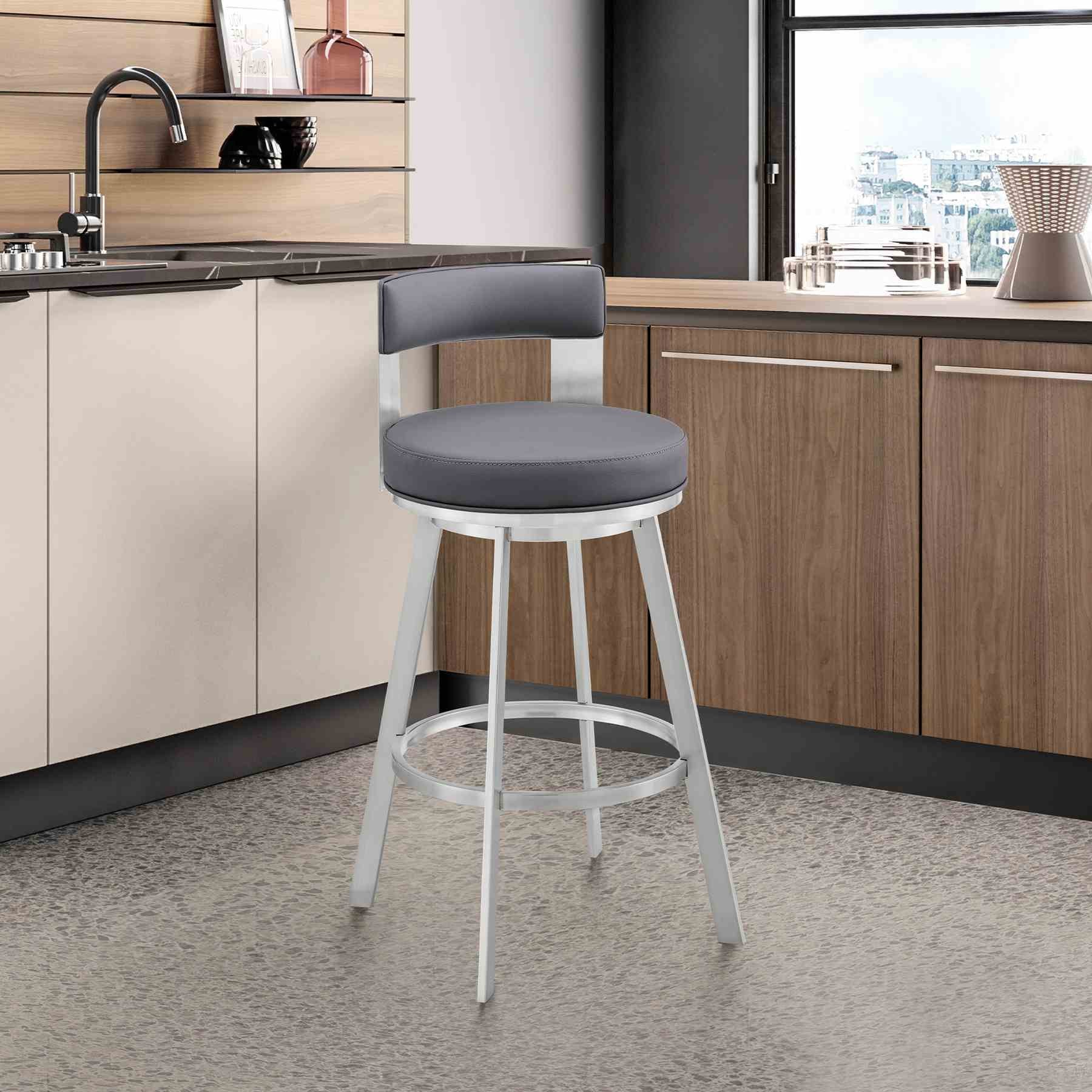 Flynn 26" Swivel Counter Stool in Silver Metal with Gray Faux Leather - Image 9