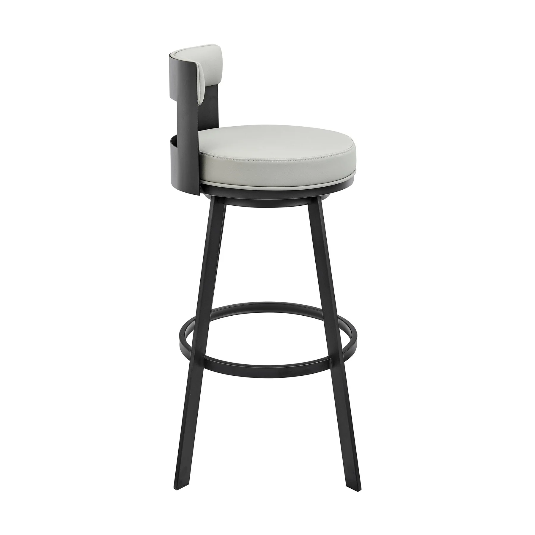 Flynn 30" Swivel Bar Stool in Black Metal with Light Gray Faux Leather - Image 3