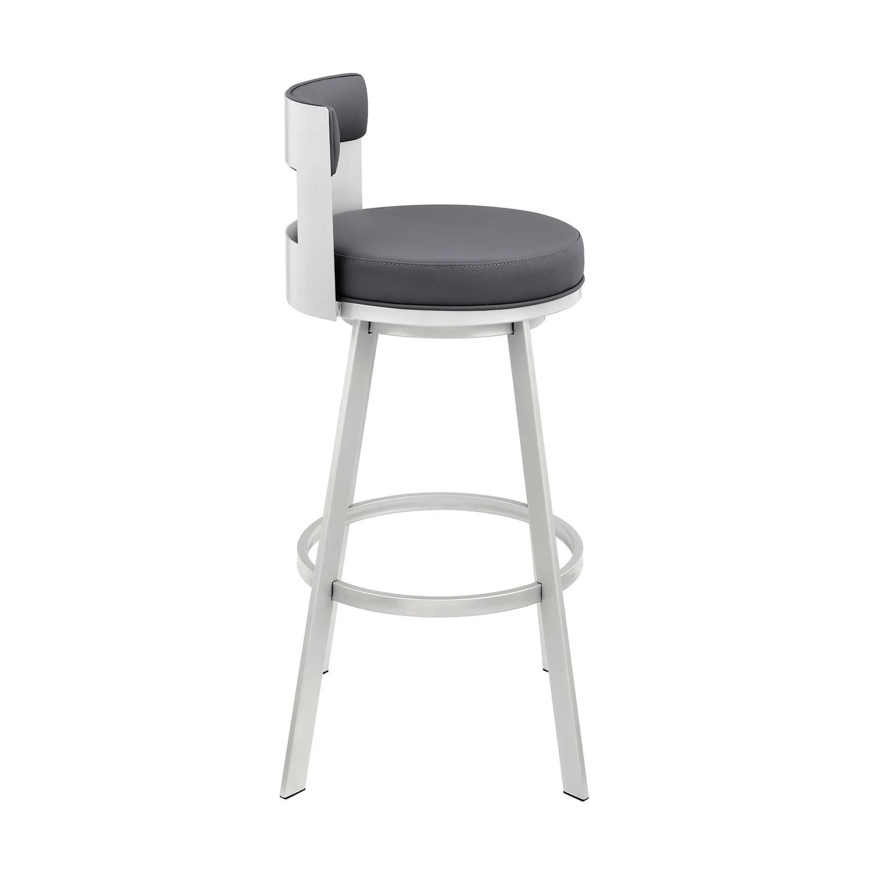 Flynn 30" Swivel Bar Stool in Silver Metal with Gray Faux Leather - Image 3