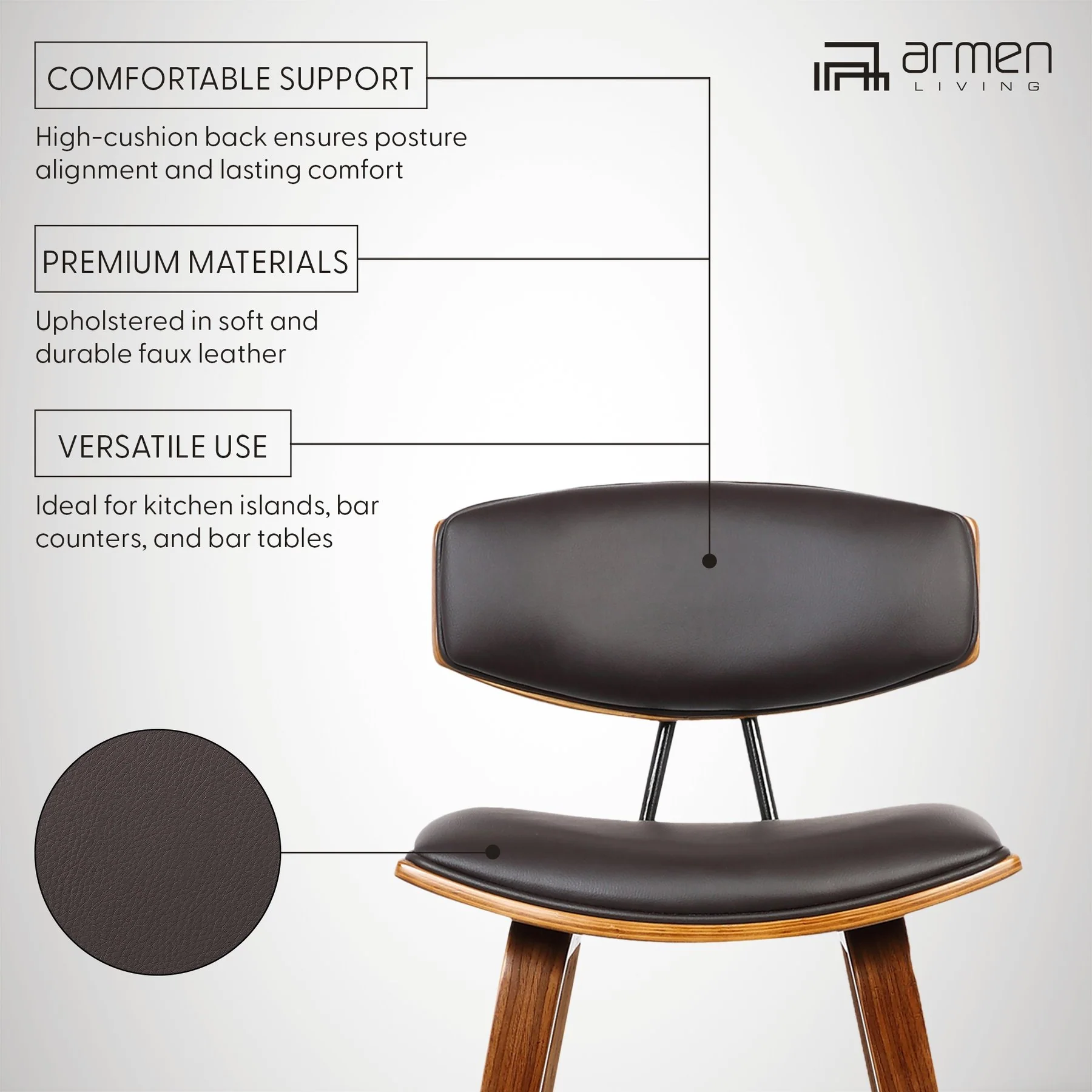 Fox 25.5" Counter Height Brown Faux Leather and Walnut Wood Mid-Century Modern Bar Stool - Image 10