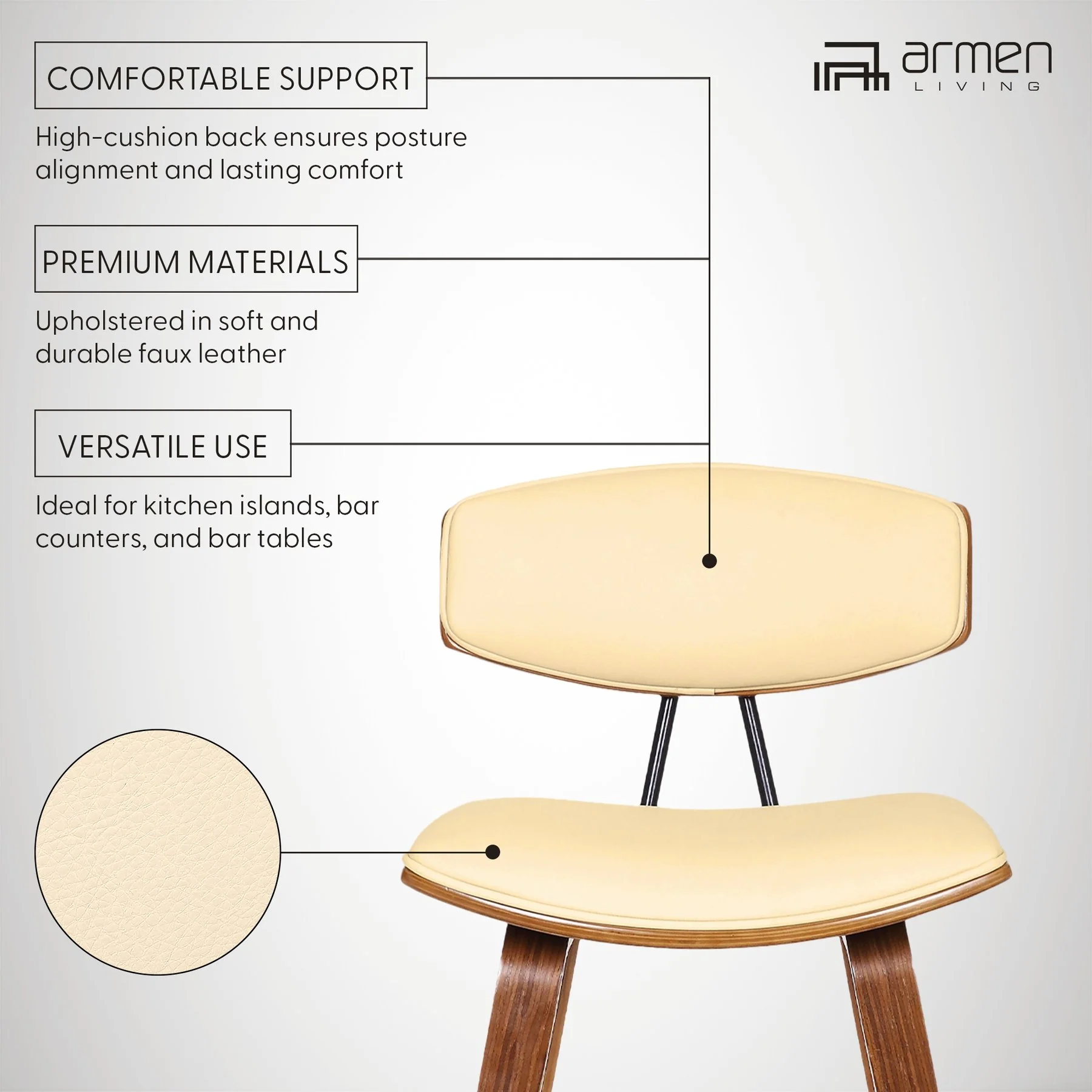 Fox 25.5" Counter Height Cream Faux Leather and Walnut Wood Mid-Century Modern Bar Stool - Image 8