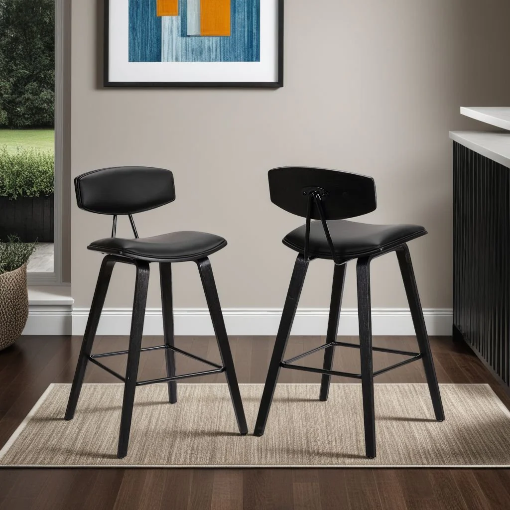 Fox 28.5" Bar Height Black Faux Leather and Black Wood Mid-Century Modern Bar Stool - Image 7