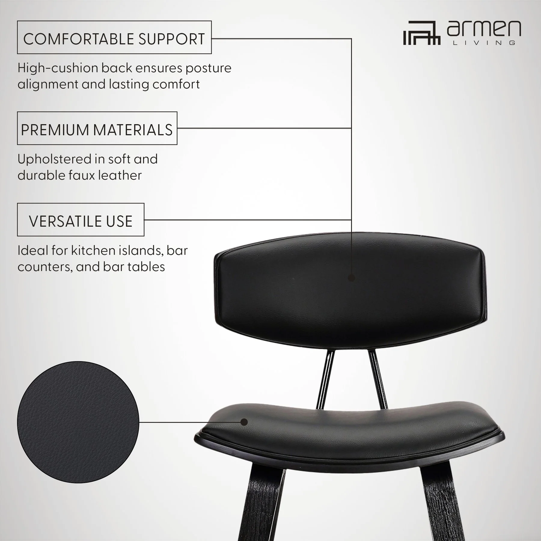 Fox 28.5" Bar Height Black Faux Leather and Black Wood Mid-Century Modern Bar Stool - Image 8