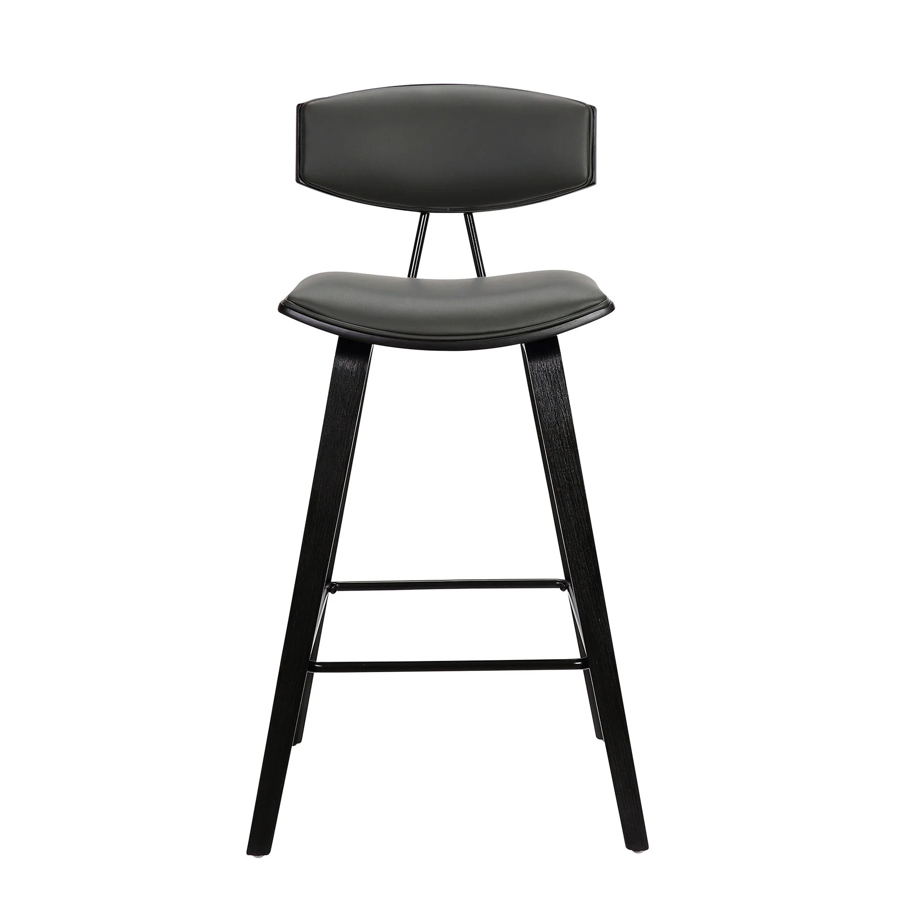 Fox 28.5" Bar Height Gray Faux Leather and Black Wood Mid-Century Modern Bar Stool - Image 2