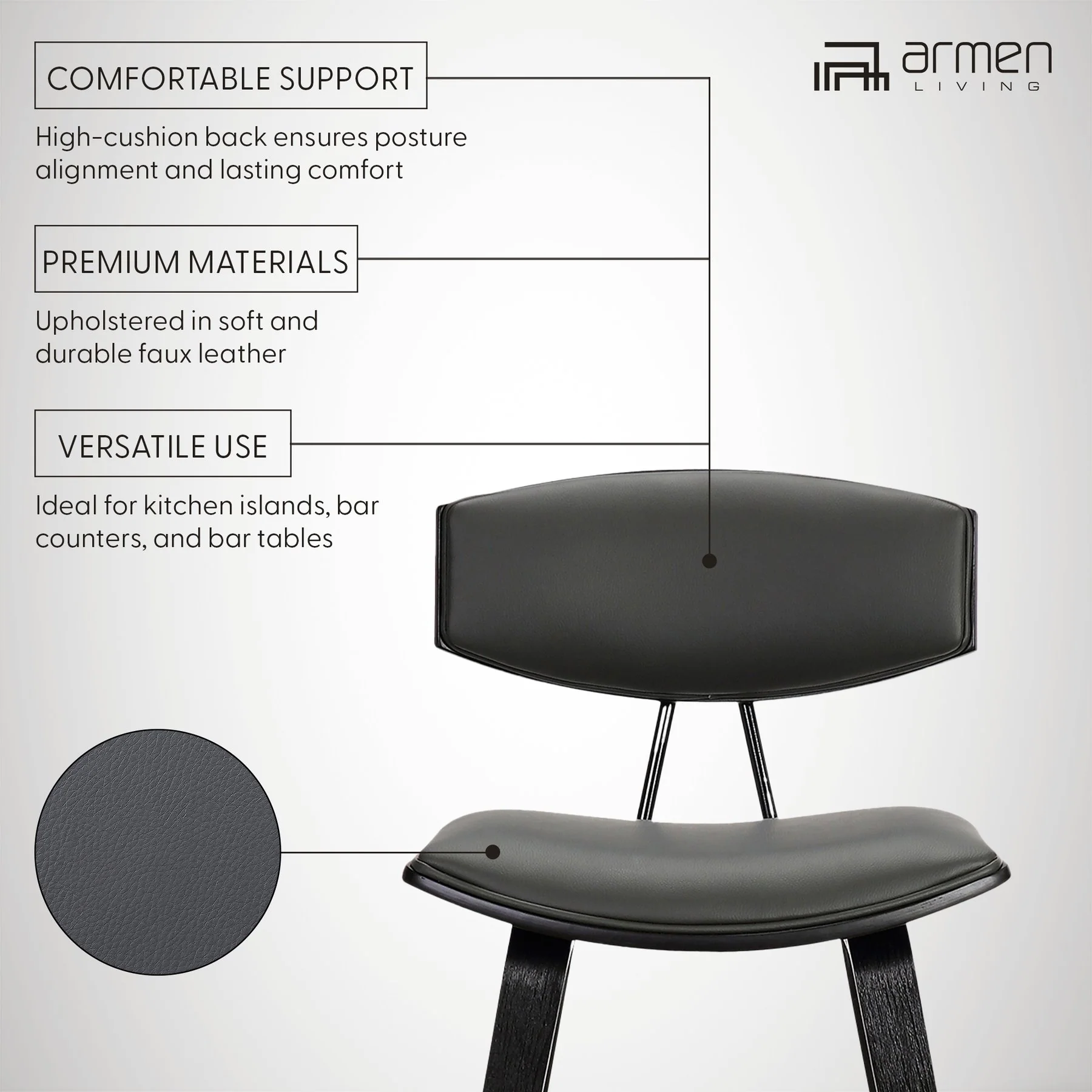 Fox 28.5" Bar Height Gray Faux Leather and Black Wood Mid-Century Modern Bar Stool - Image 8