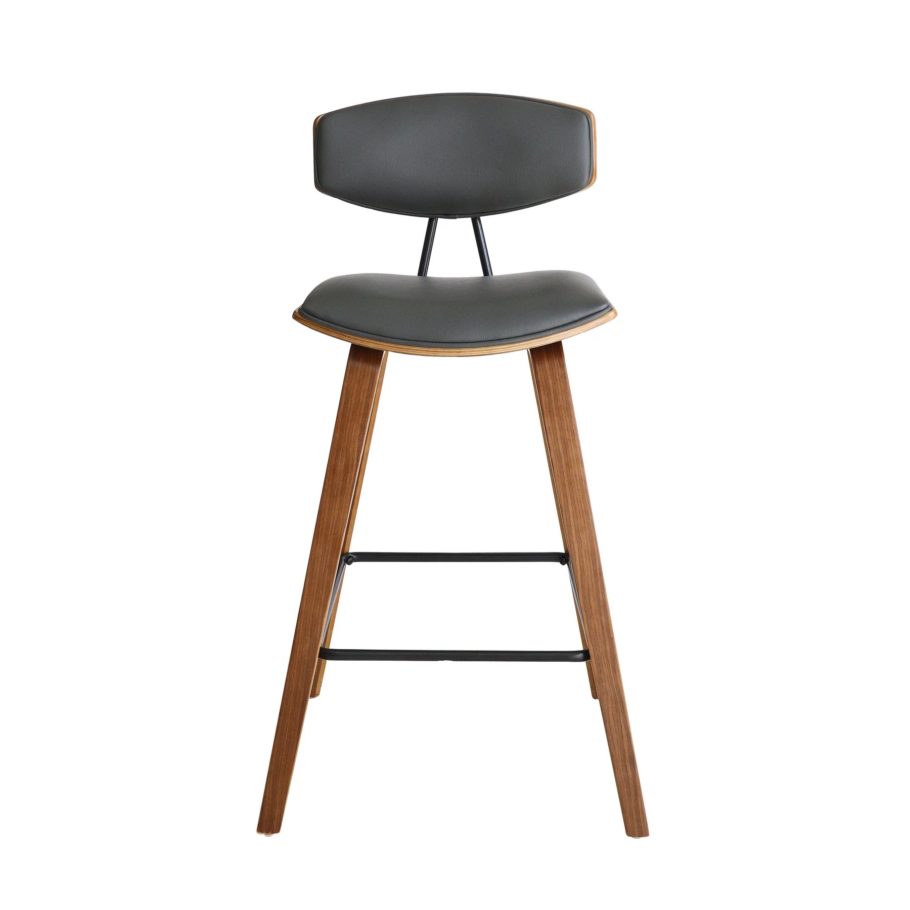 Fox 28.5" Bar Height Gray Faux Leather and Walnut Wood Mid-Century Modern Bar Stool - Image 2