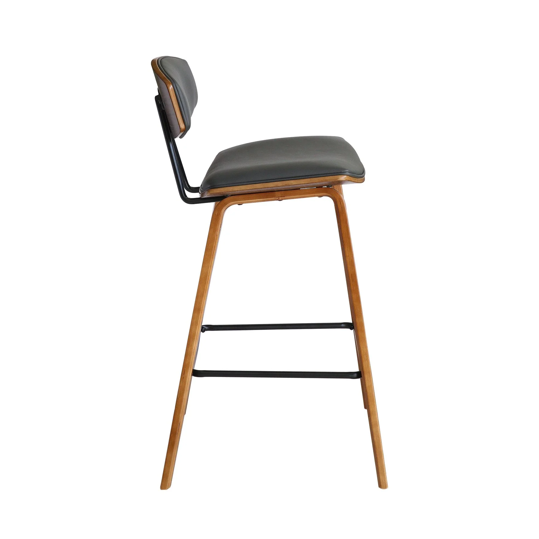 Fox 28.5" Bar Height Gray Faux Leather and Walnut Wood Mid-Century Modern Bar Stool - Image 3