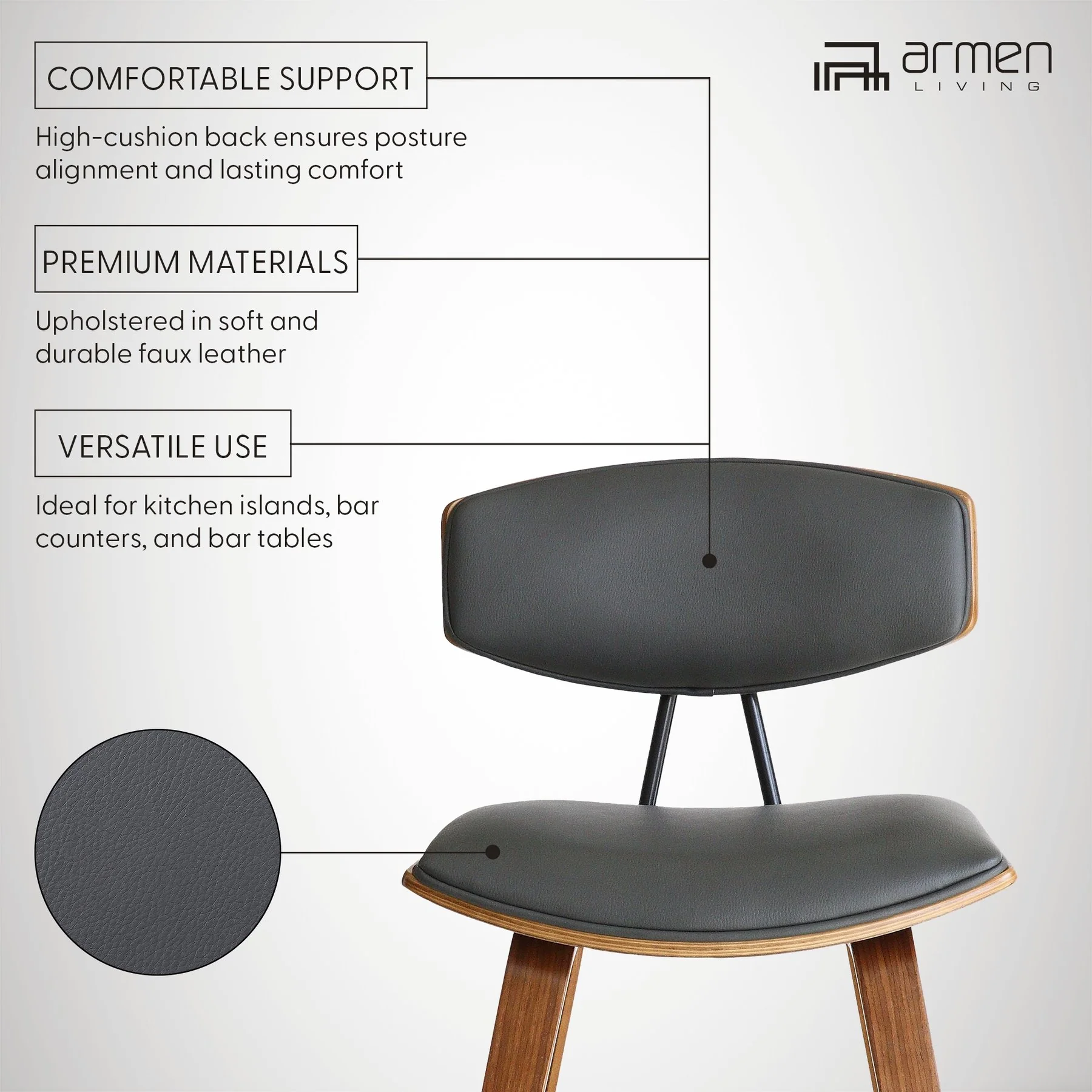 Fox 28.5" Bar Height Gray Faux Leather and Walnut Wood Mid-Century Modern Bar Stool - Image 8