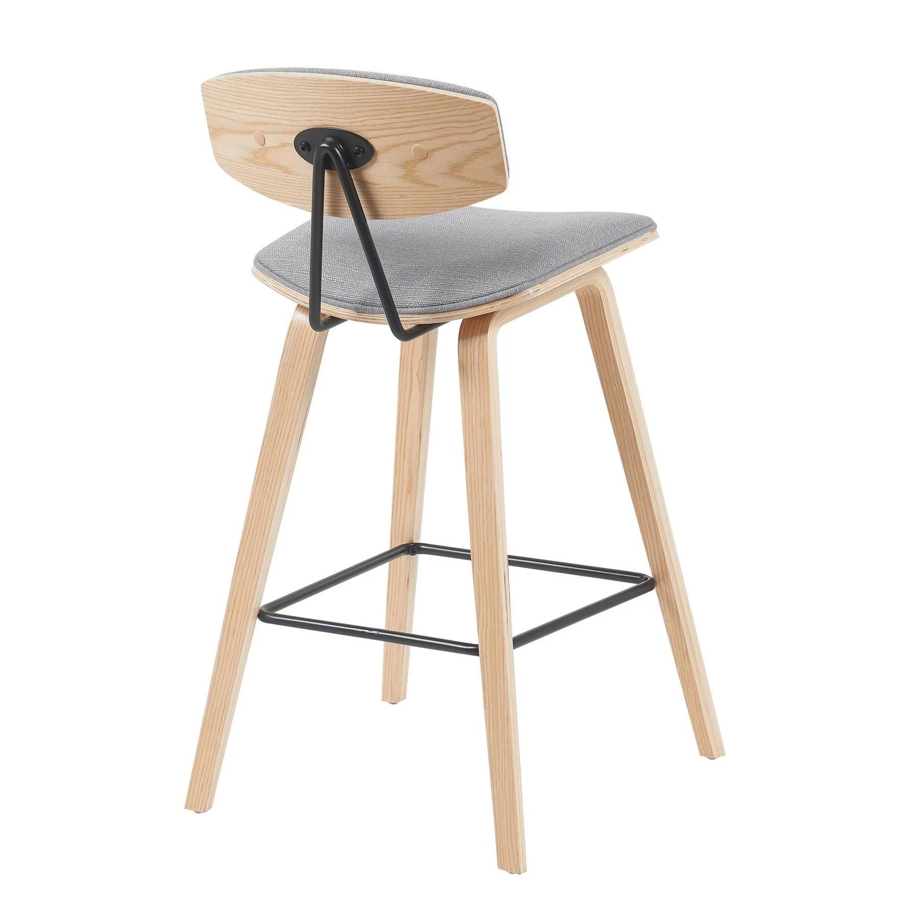Fox Modern Swivel Bar Height Stool with Grey Upholstered Seat and Patterned Oak Wood Frame - Image 3