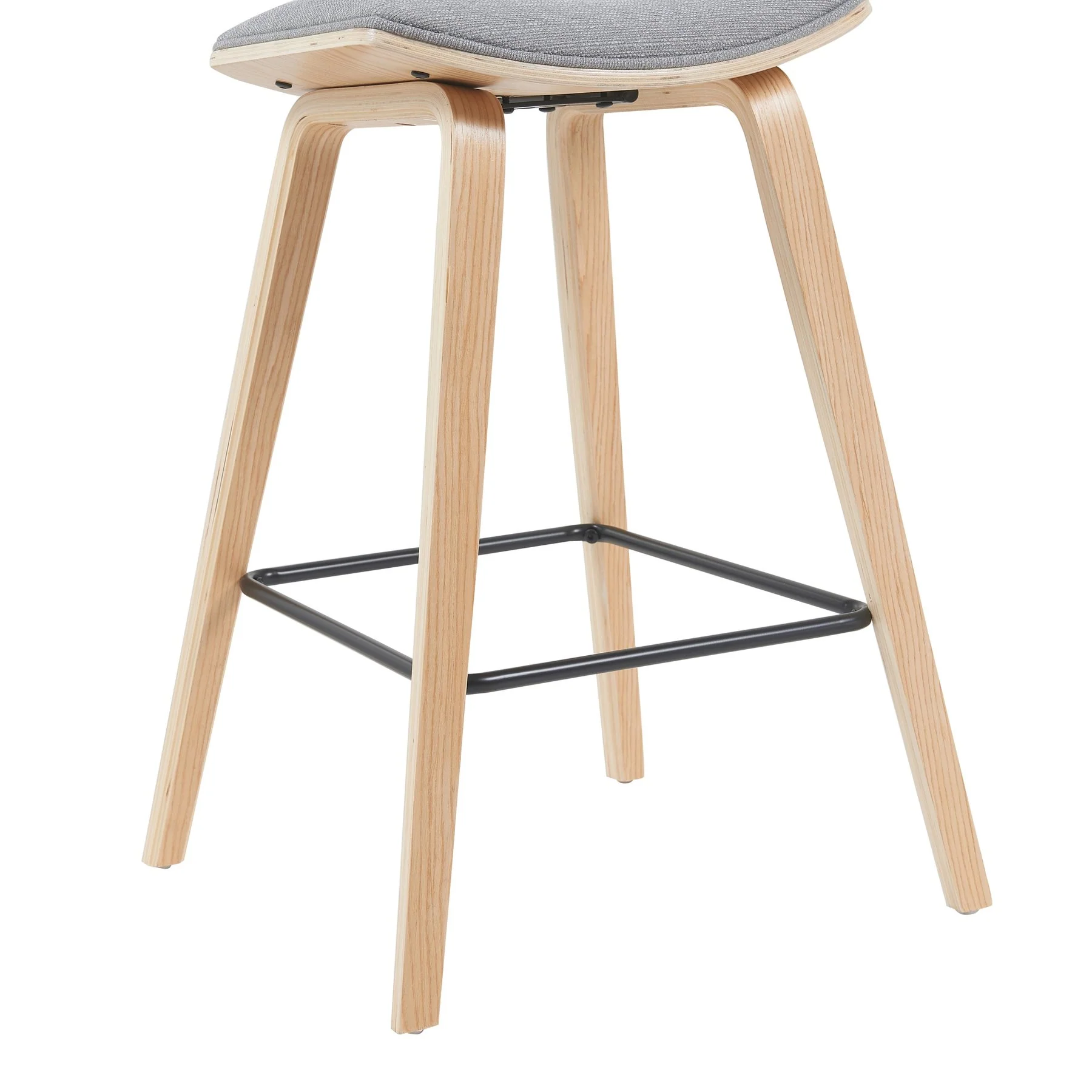 Fox Modern Swivel Bar Height Stool with Grey Upholstered Seat and Patterned Oak Wood Frame - Image 6