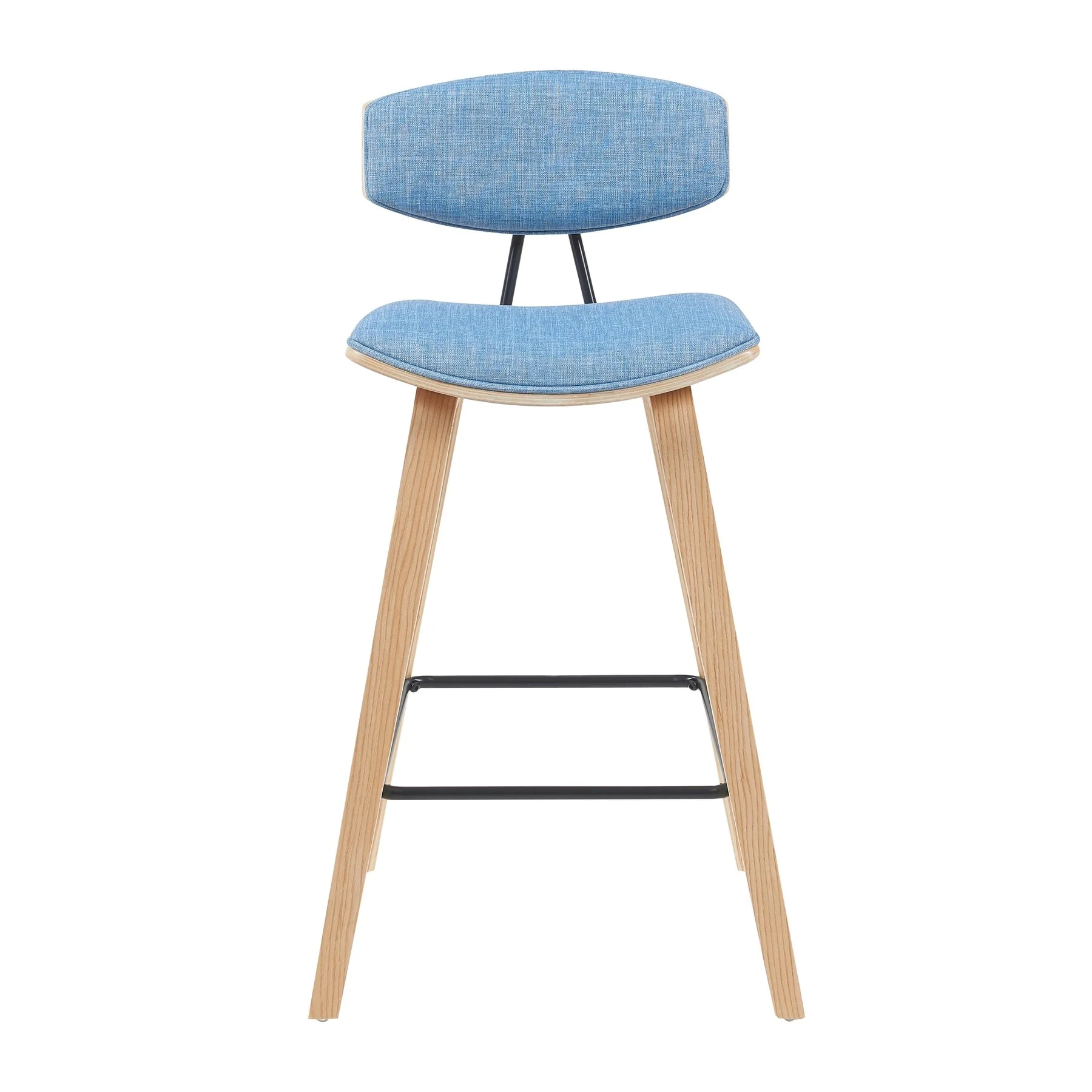 Fox Modern Swivel Bar Height Stool with Light Blue Upholstered Seat and Patterned Oak Wood Frame - Image 2