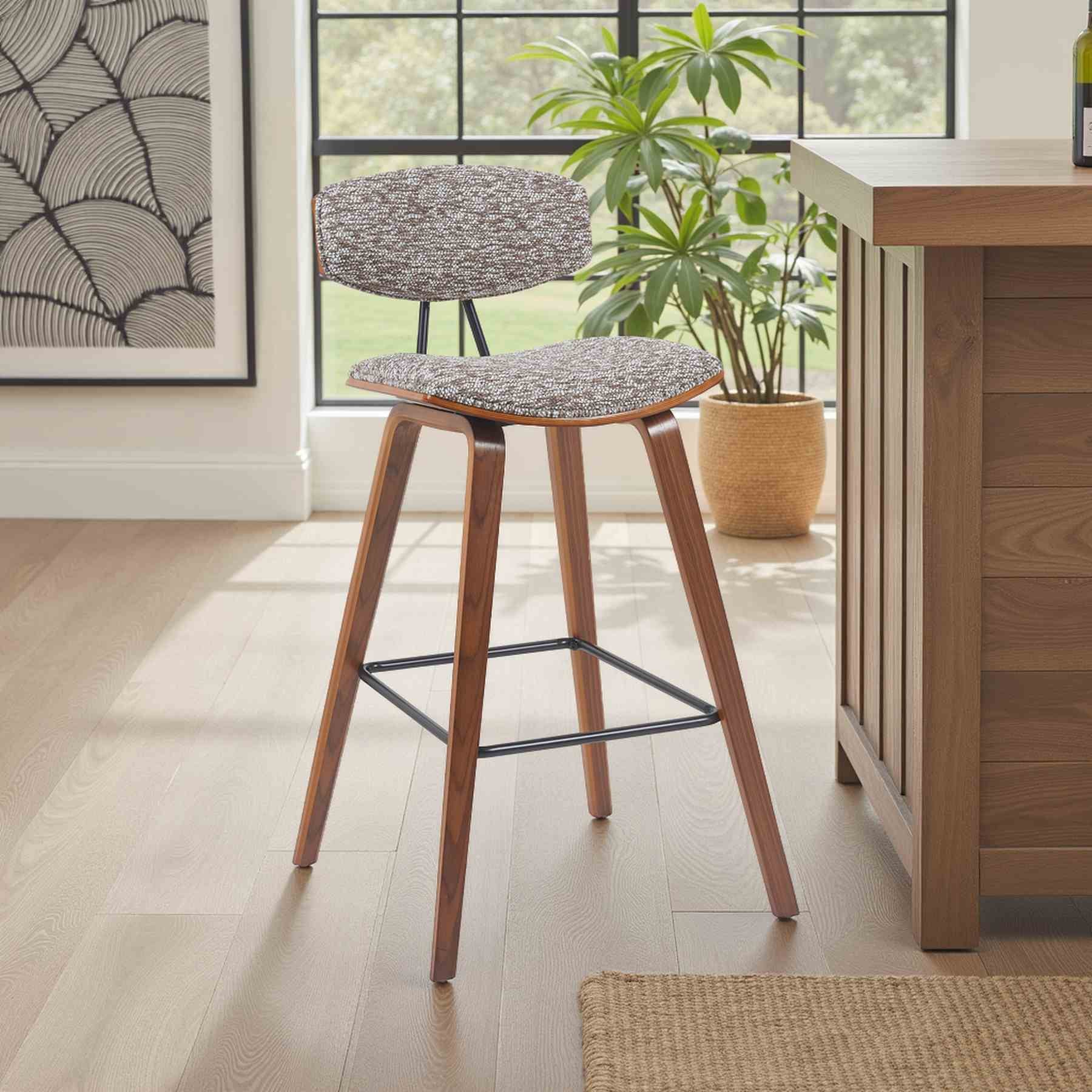 Fox Modern Swivel Bar Height Stool with Speckled Brown Upholstered Seat and Walnut Wood Frame - Image 7
