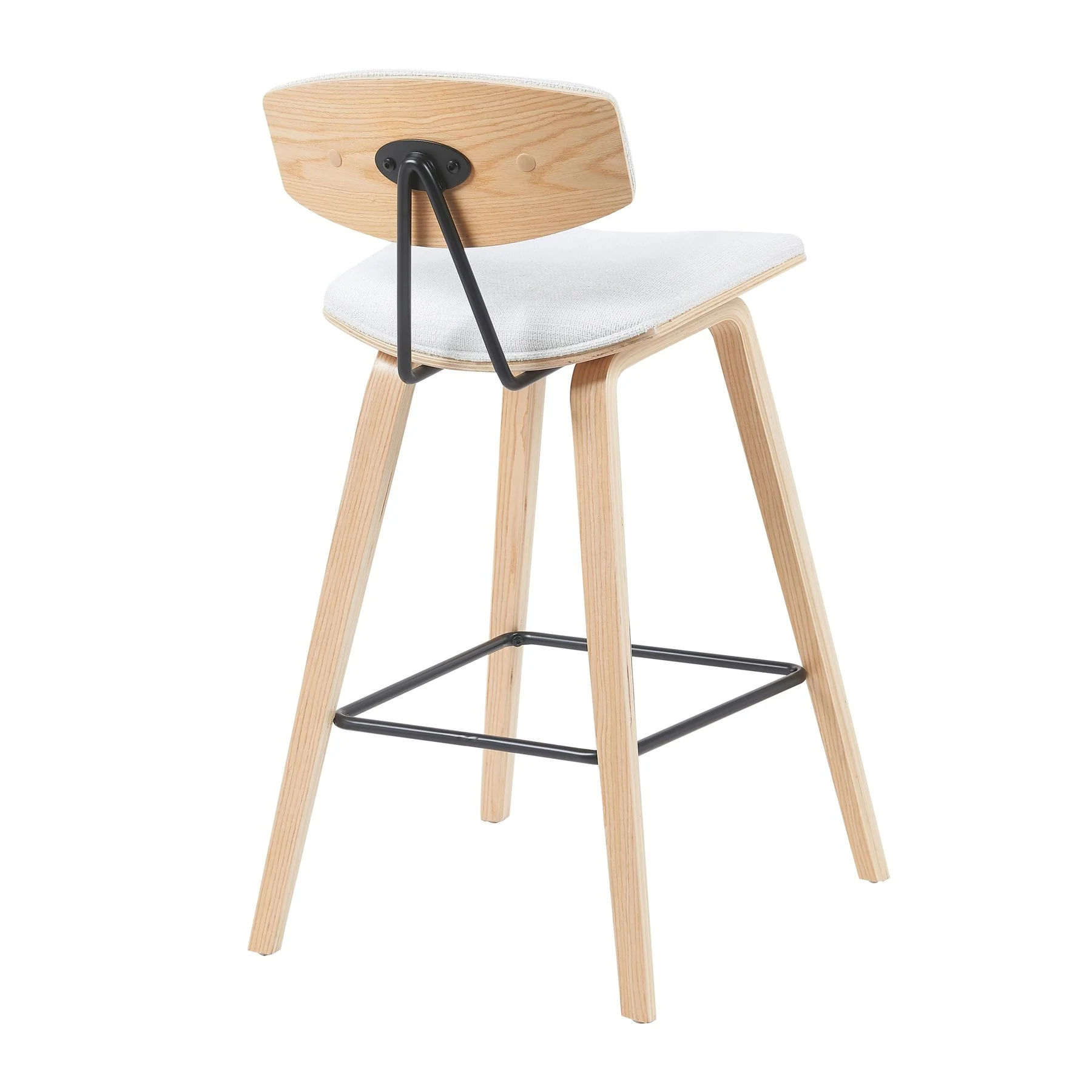 Fox Modern Swivel Bar Height Stool with White Upholstered Seat and Patterned Oak Wood Frame - Image 3