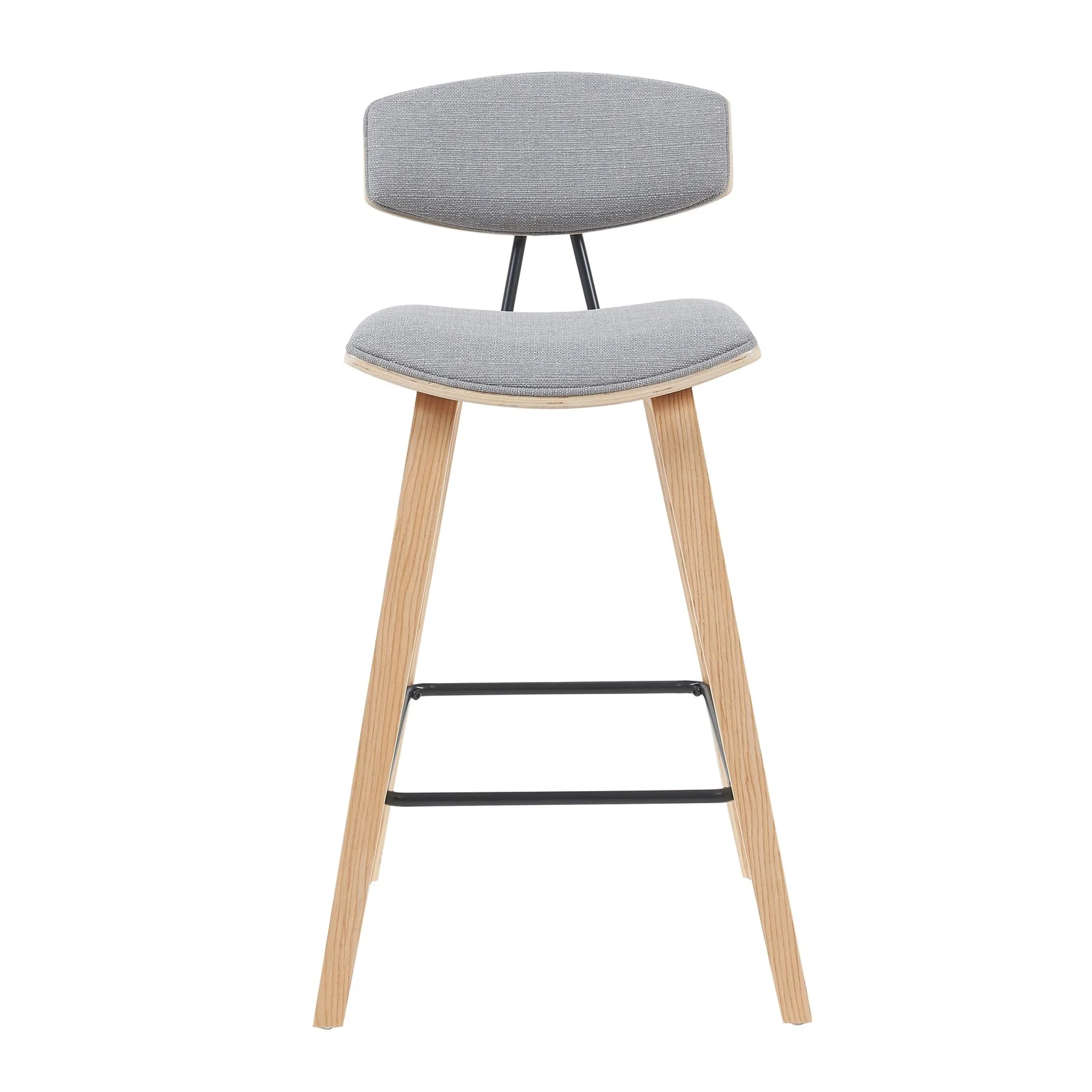 Fox Modern Swivel Counter Height Bar Stool with Grey Upholstered Seat and Patterned Oak Wood Frame - Image 2