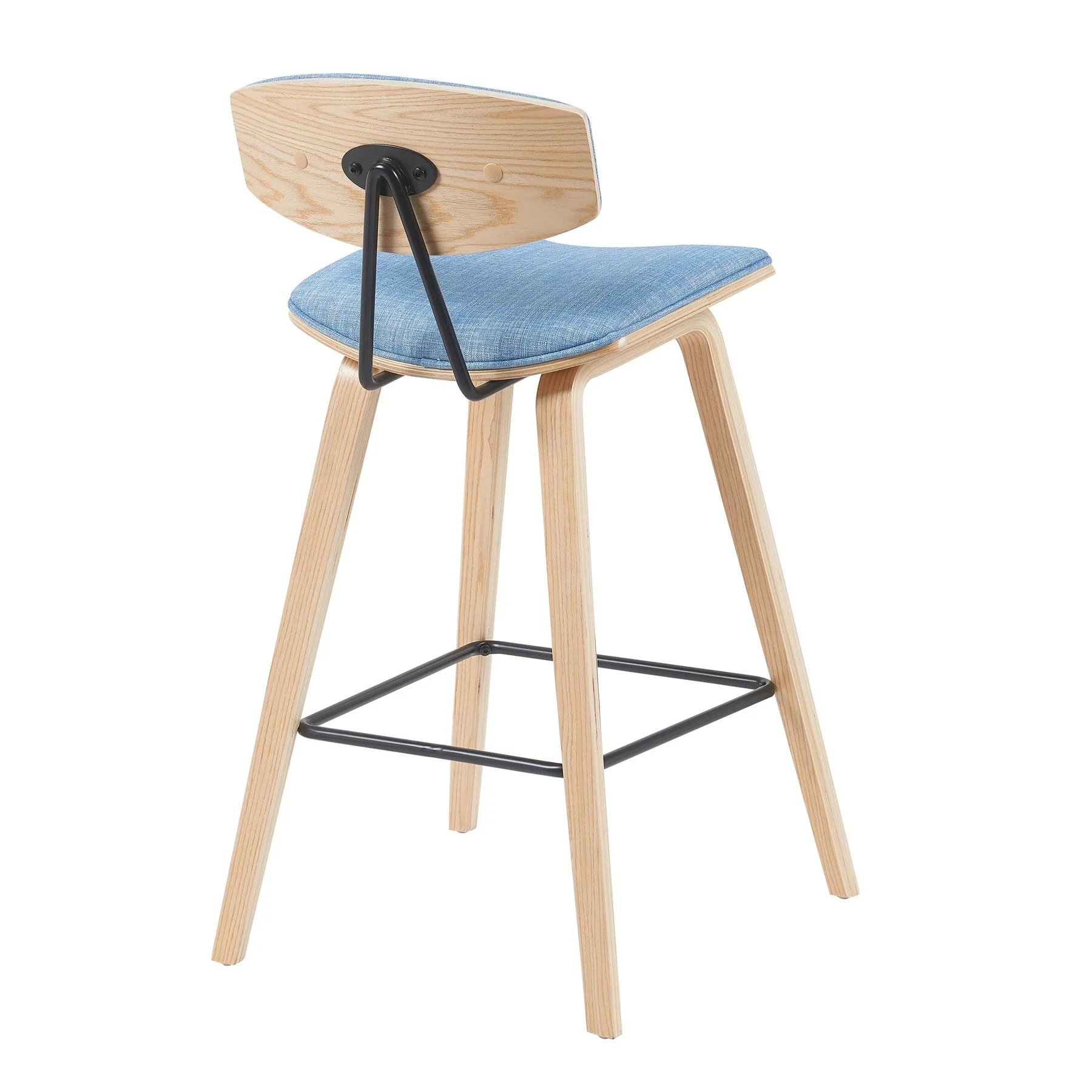 Fox Modern Swivel Counter Height Bar Stool with Light Blue Upholstered Seat and Patterned Oak Wood Frame - Image 3