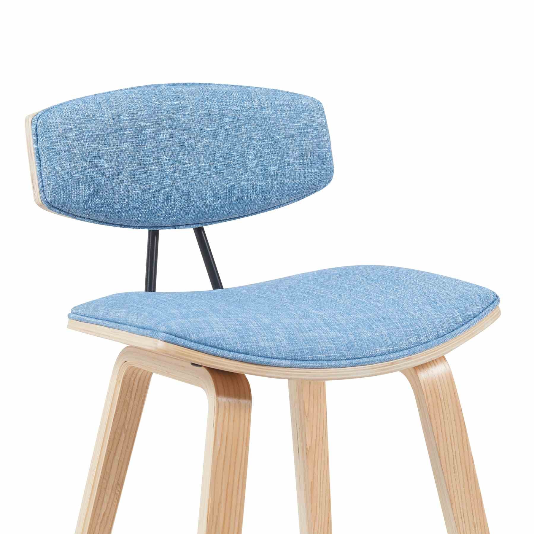 Fox Modern Swivel Counter Height Bar Stool with Light Blue Upholstered Seat and Patterned Oak Wood Frame - Image 4