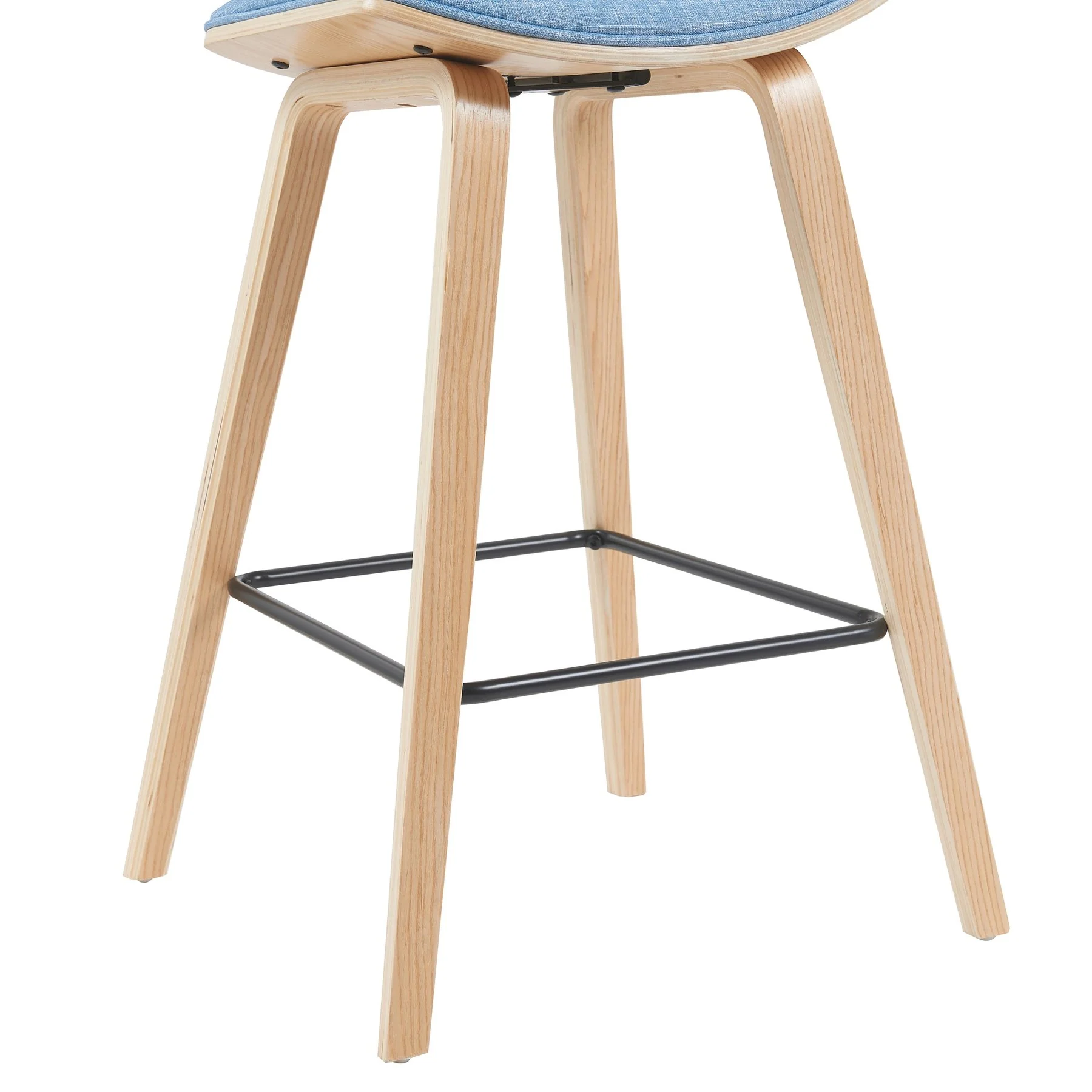 Fox Modern Swivel Counter Height Bar Stool with Light Blue Upholstered Seat and Patterned Oak Wood Frame - Image 6