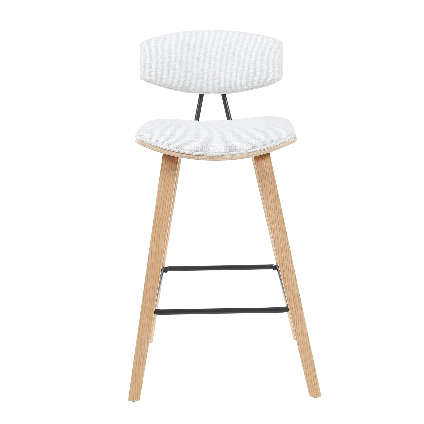 Fox Modern Swivel Counter Height Bar Stool with White Upholstered Seat and Patterned Oak Wood Frame - Image 2
