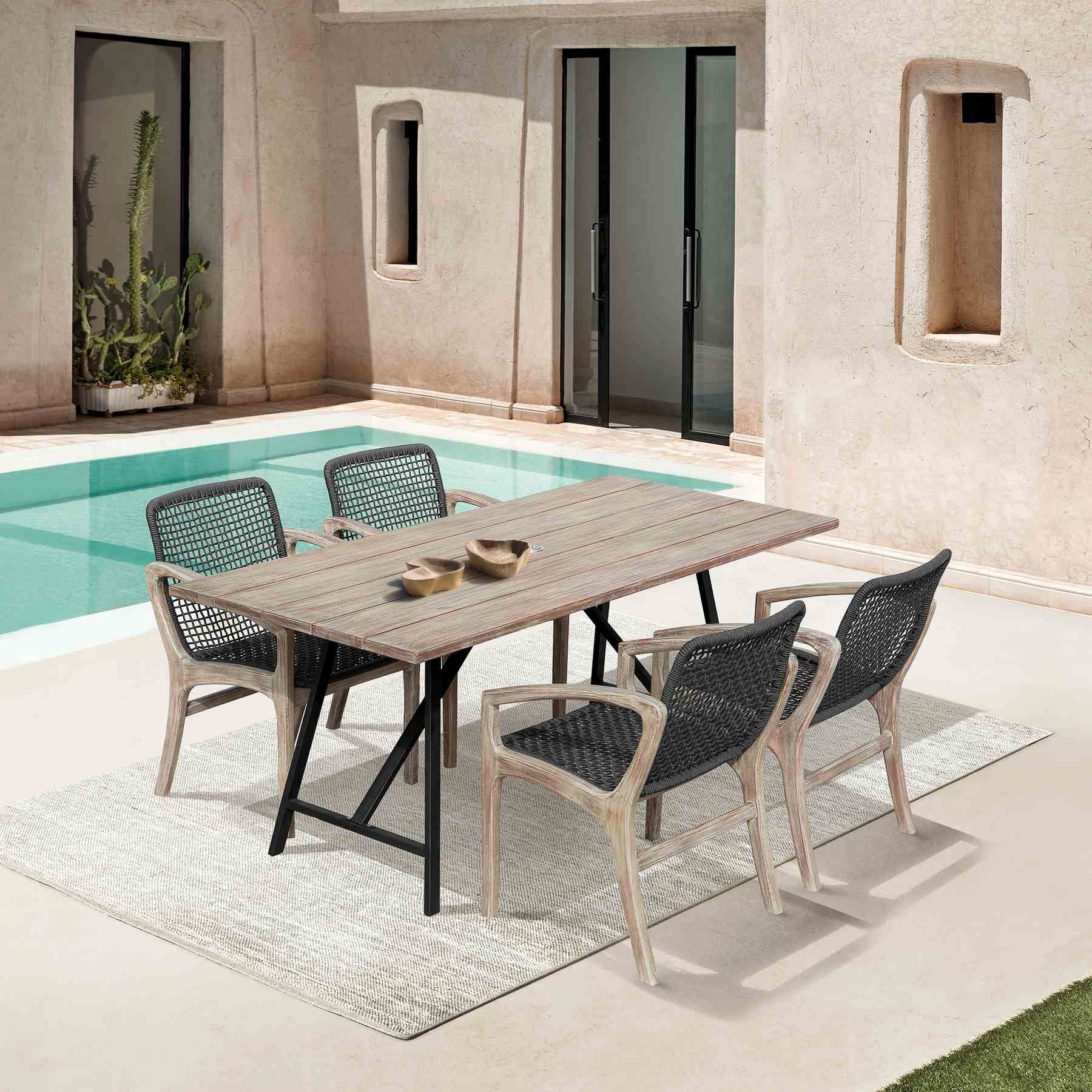 Frinton and Beckham 5 Piece Outdoor Patio Dining Set in Light Eucalyptus Wood and Charcoal Rope - Image 13
