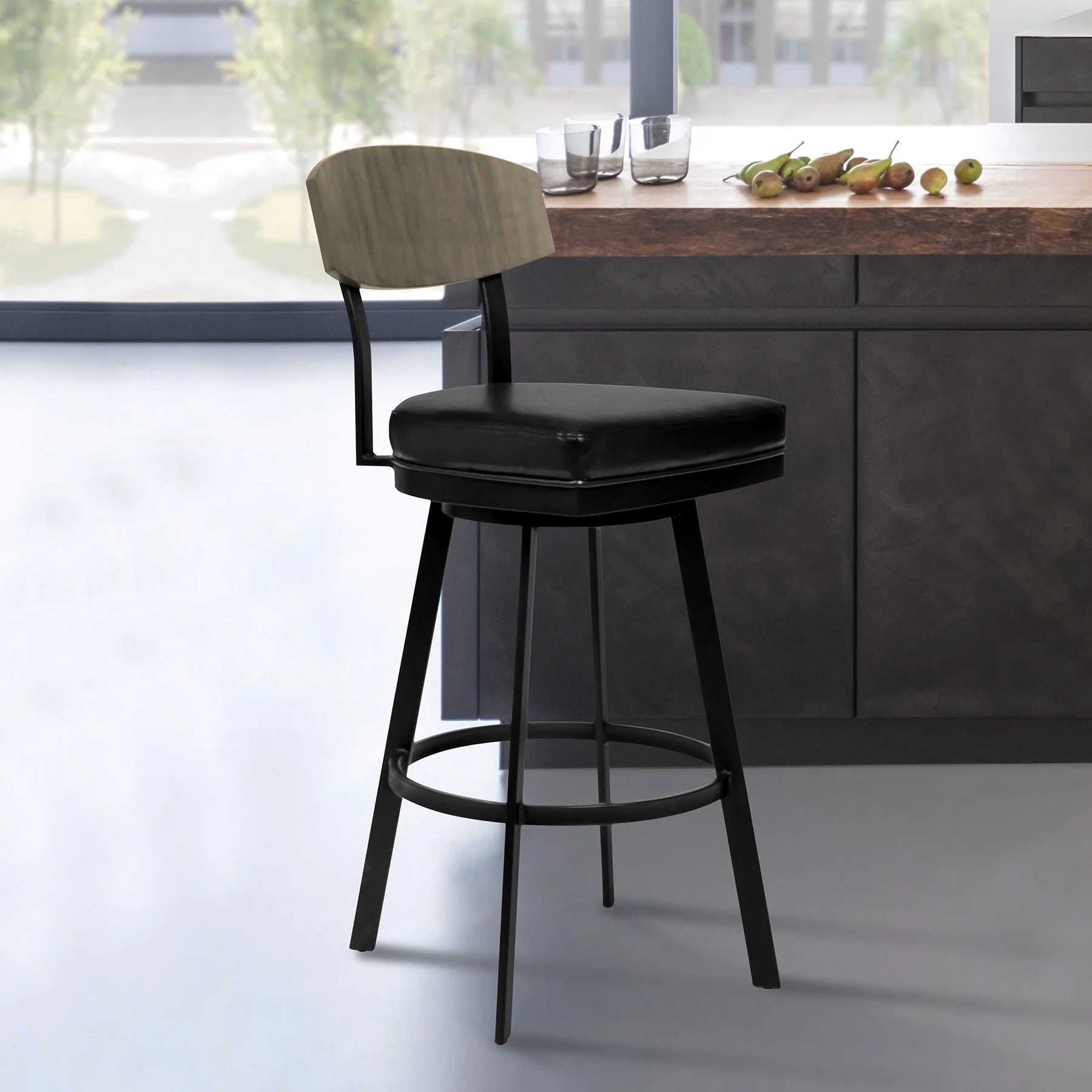 Frisco 30" Bar Height Barstool in Matte Black Finish with Black Faux Leather and Gray Walnut - Image 6