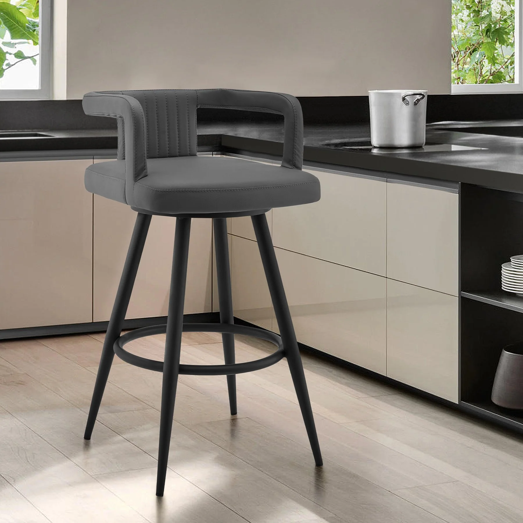 Gabriele 30" Gray Faux Leather and Black Metal Swivel Bar Stool - Image 7