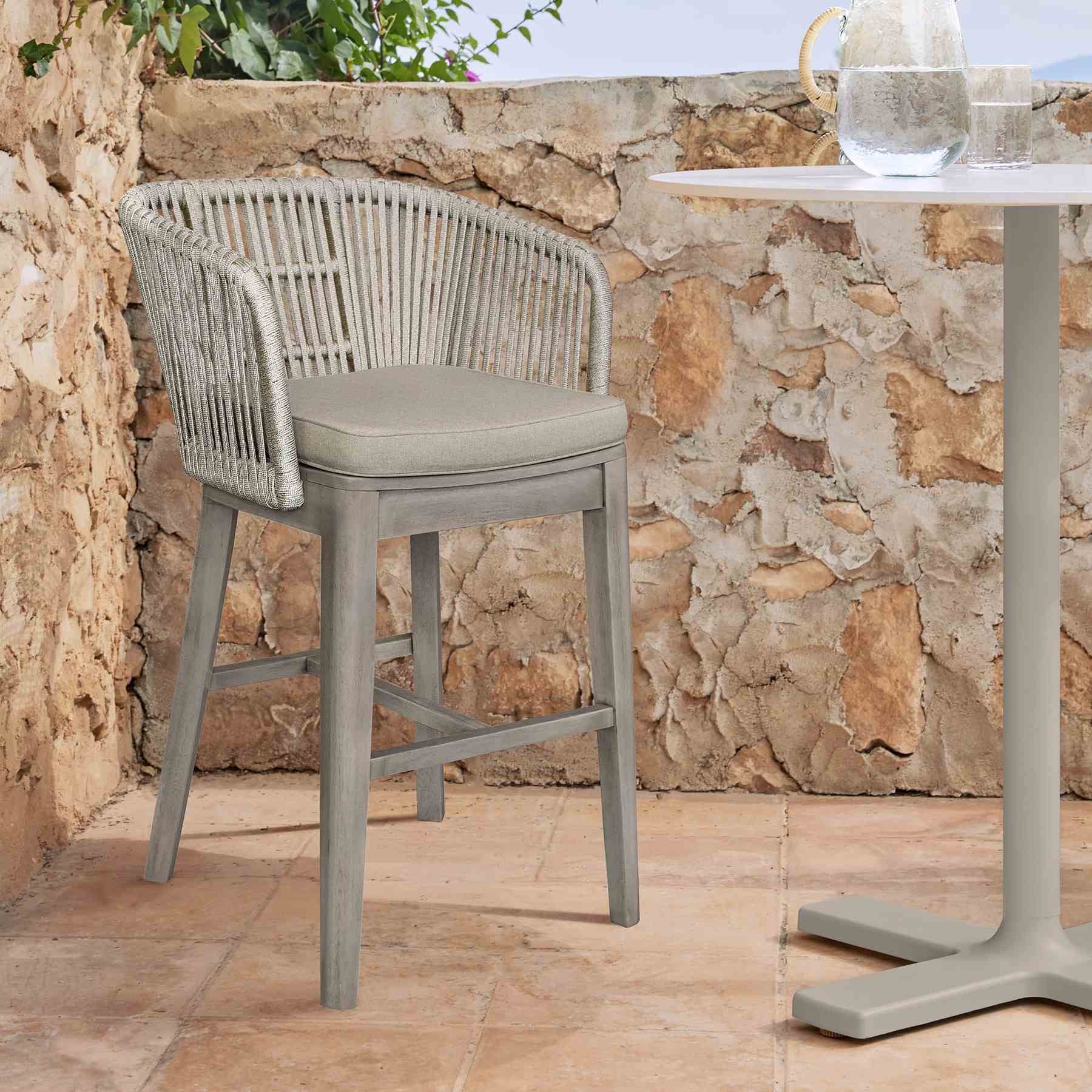 Garnet Outdoor Patio Bar Stool in Gray Acacia Wood and Rope - Image 12
