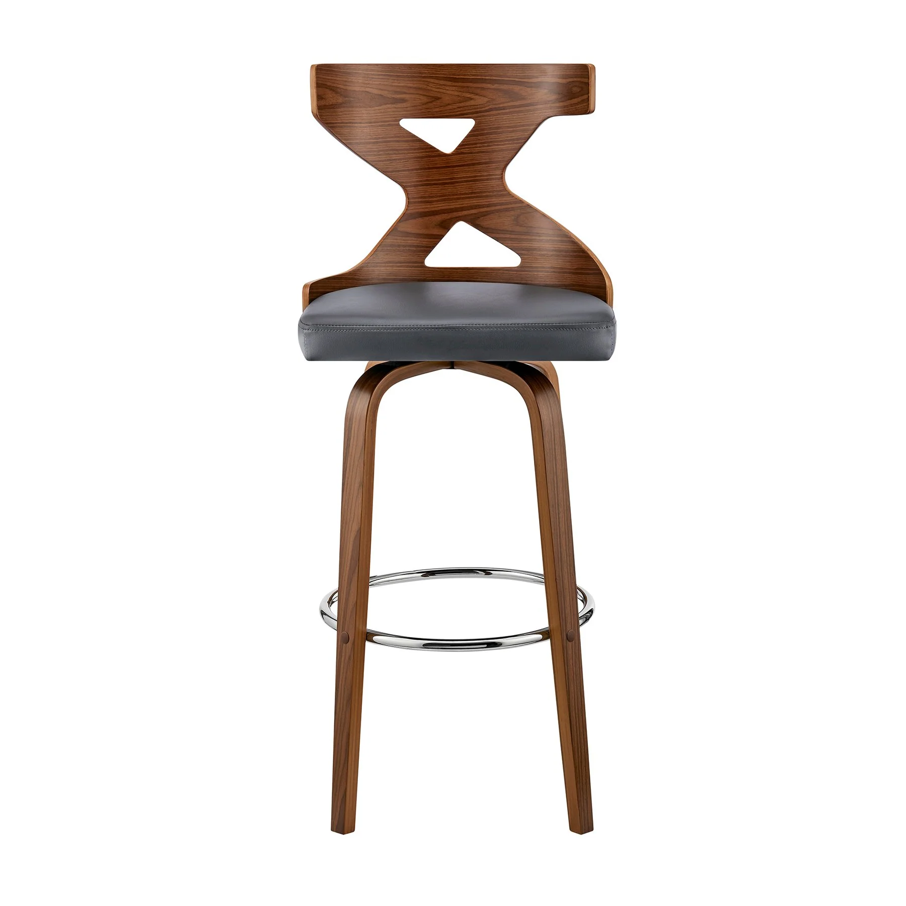 Gayle 26" Swivel Cross Back Gray Faux Leather and Walnut Wood Bar Stool - Image 2