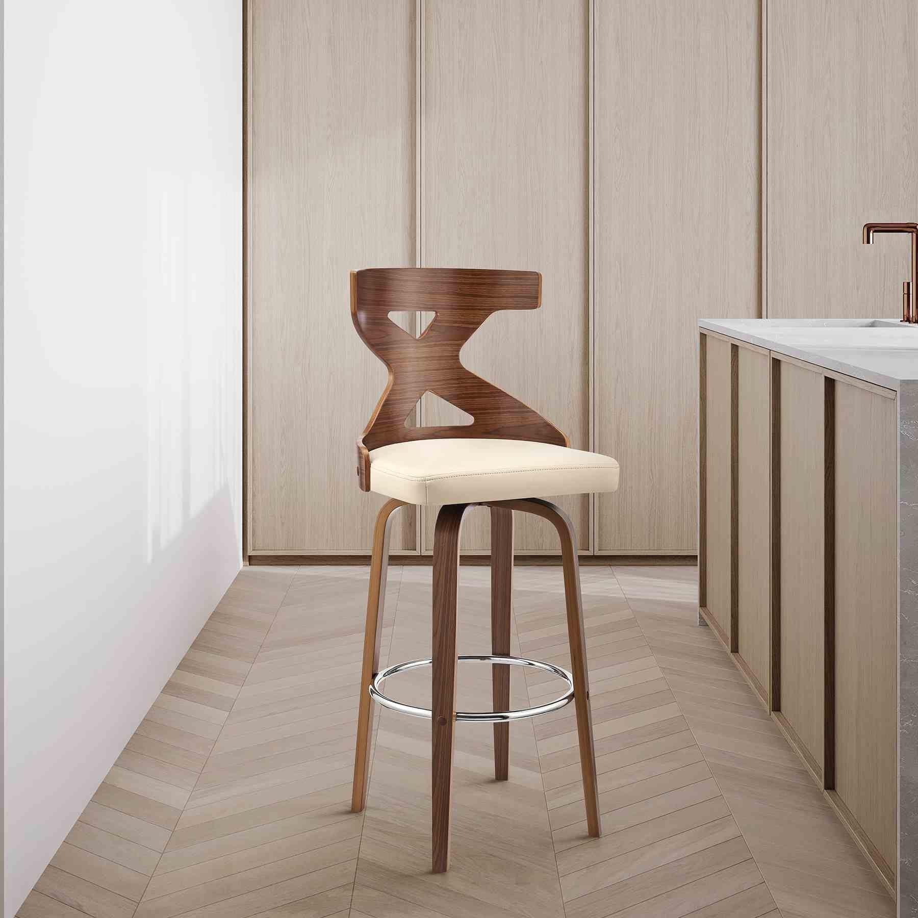 Gayle 30" Swivel Cross Back Cream Faux Leather and Walnut Wood Bar Stool - Image 9