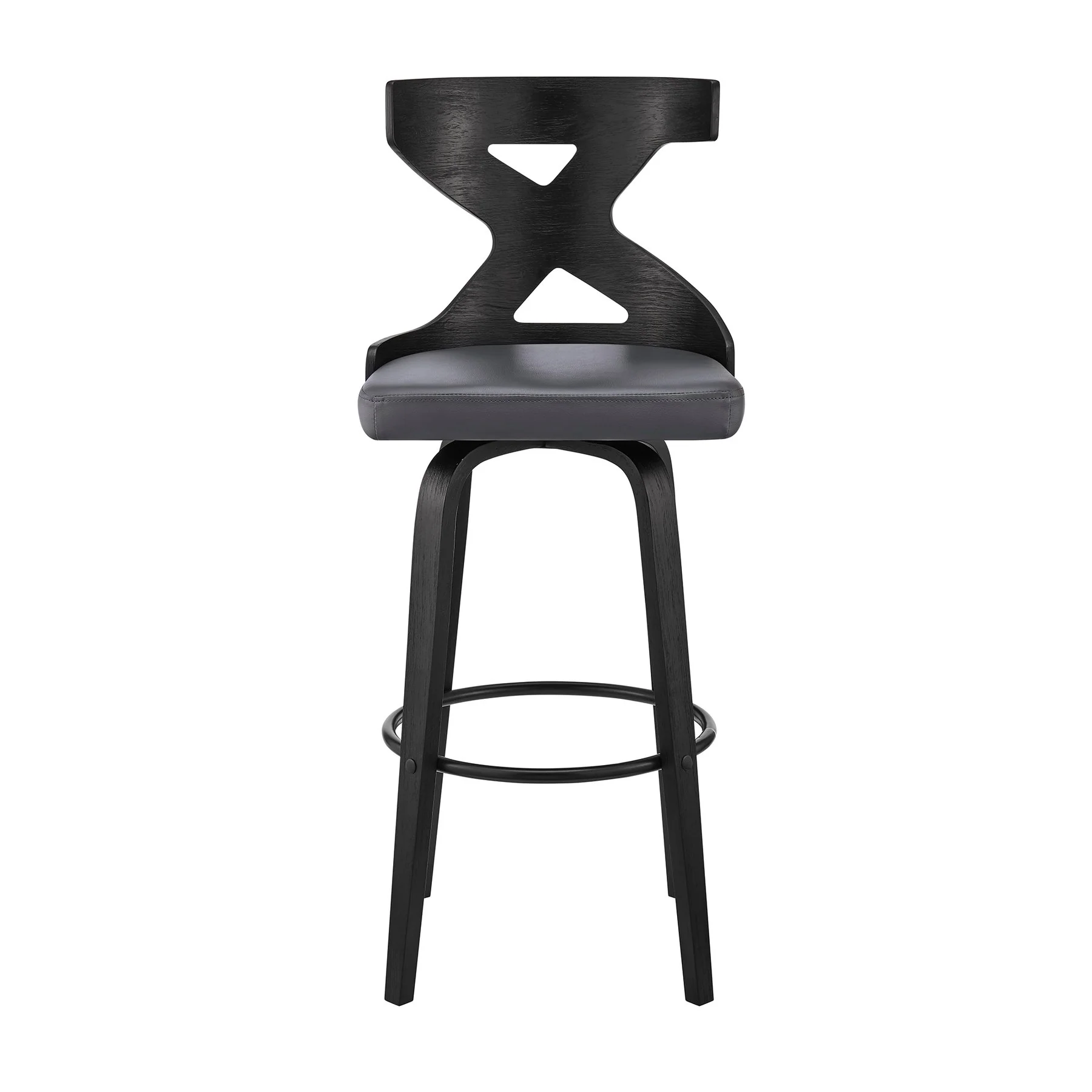 Gayle 30" Swivel Cross Back Gray Faux Leather and Black Wood Bar Stool - Image 2