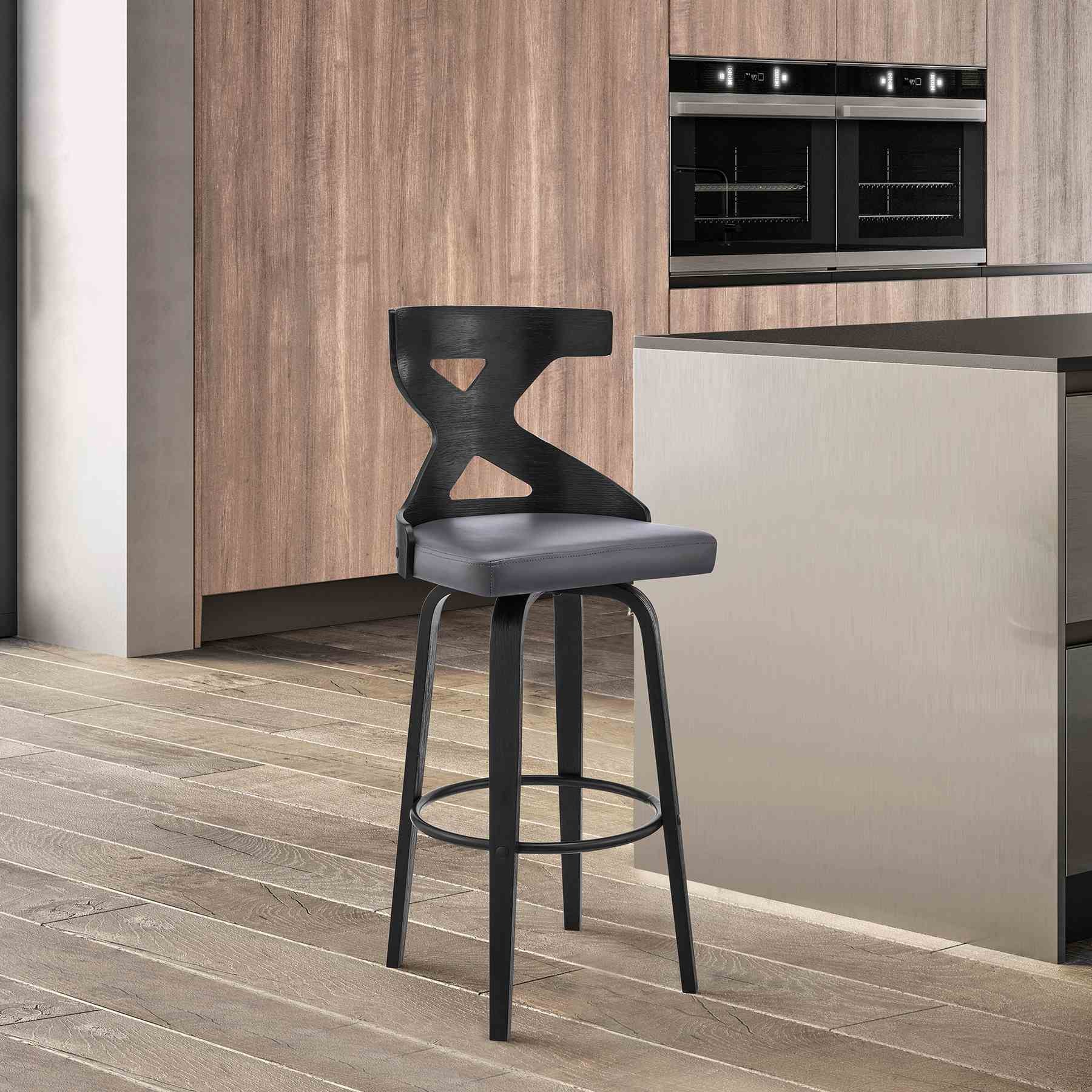 Gayle 30" Swivel Cross Back Gray Faux Leather and Black Wood Bar Stool - Image 9