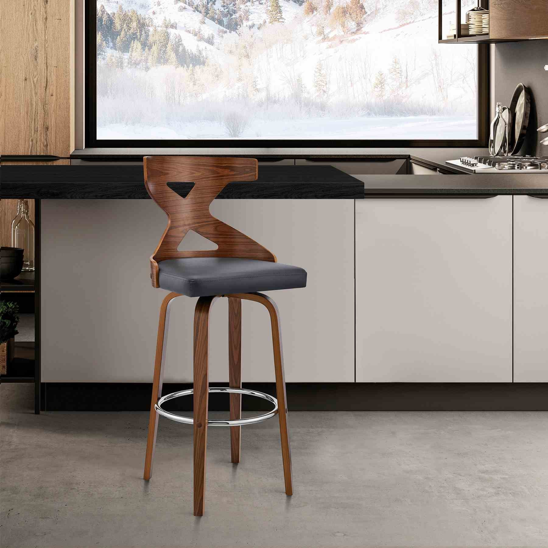 Gayle 30" Swivel Cross Back Gray Faux Leather and Walnut Wood Bar Stool - Image 10