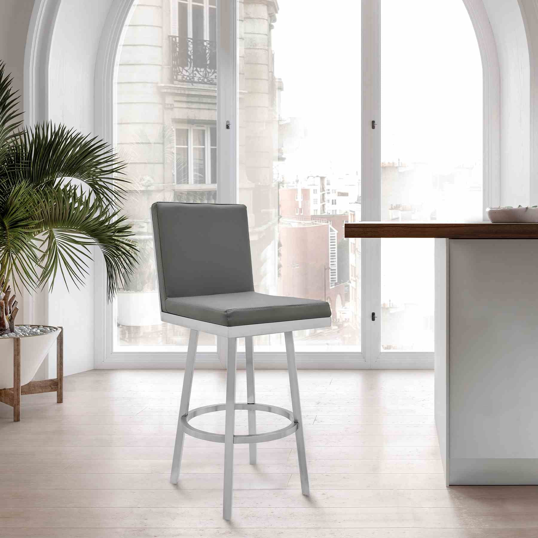 Gem 26" Swivel Modern Metal and Gray Faux Leather Bar and Counter Stool - Image 7