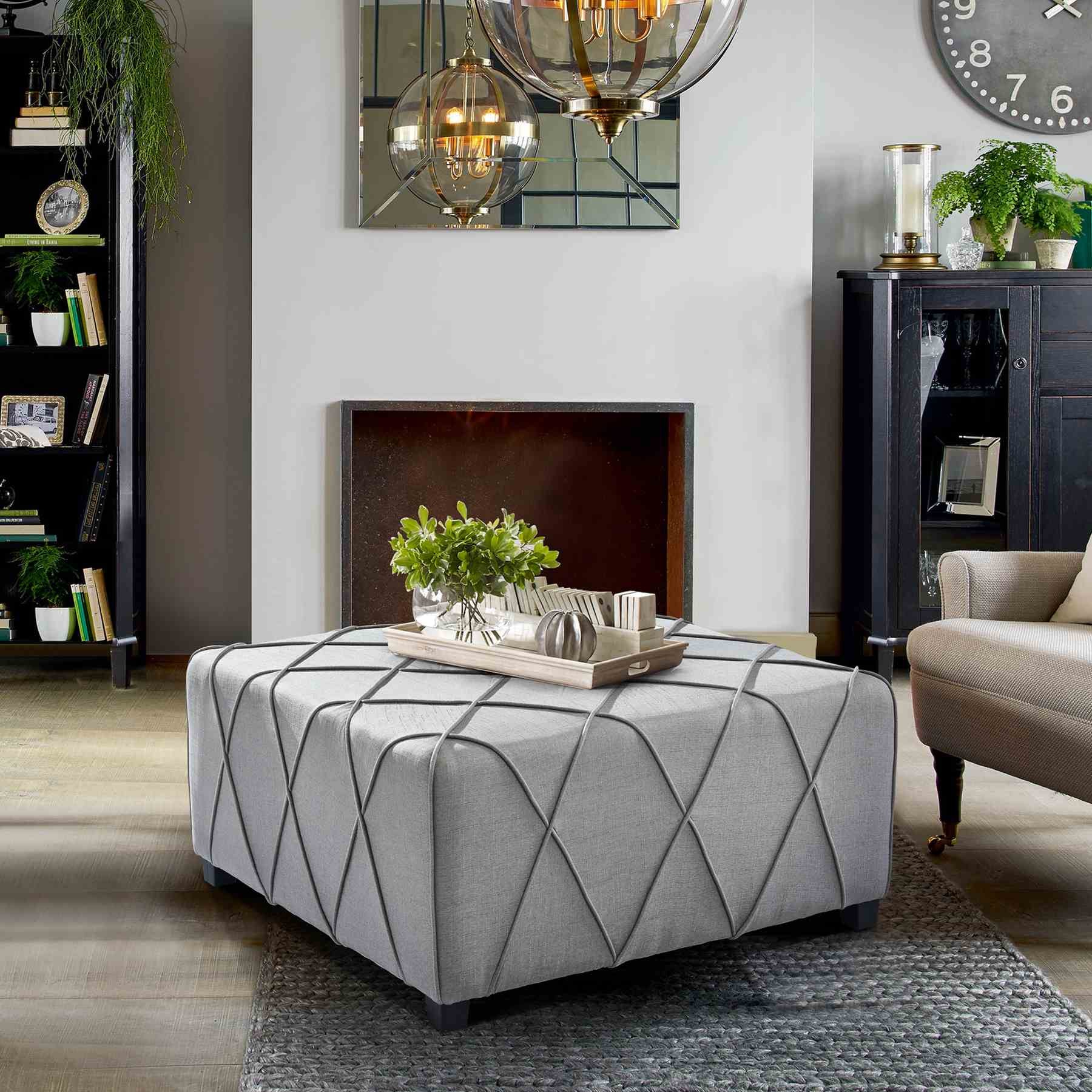 Gemini Contemporary Ottoman in Silver Linen with Piping Accents and Wood Legs - Image 3