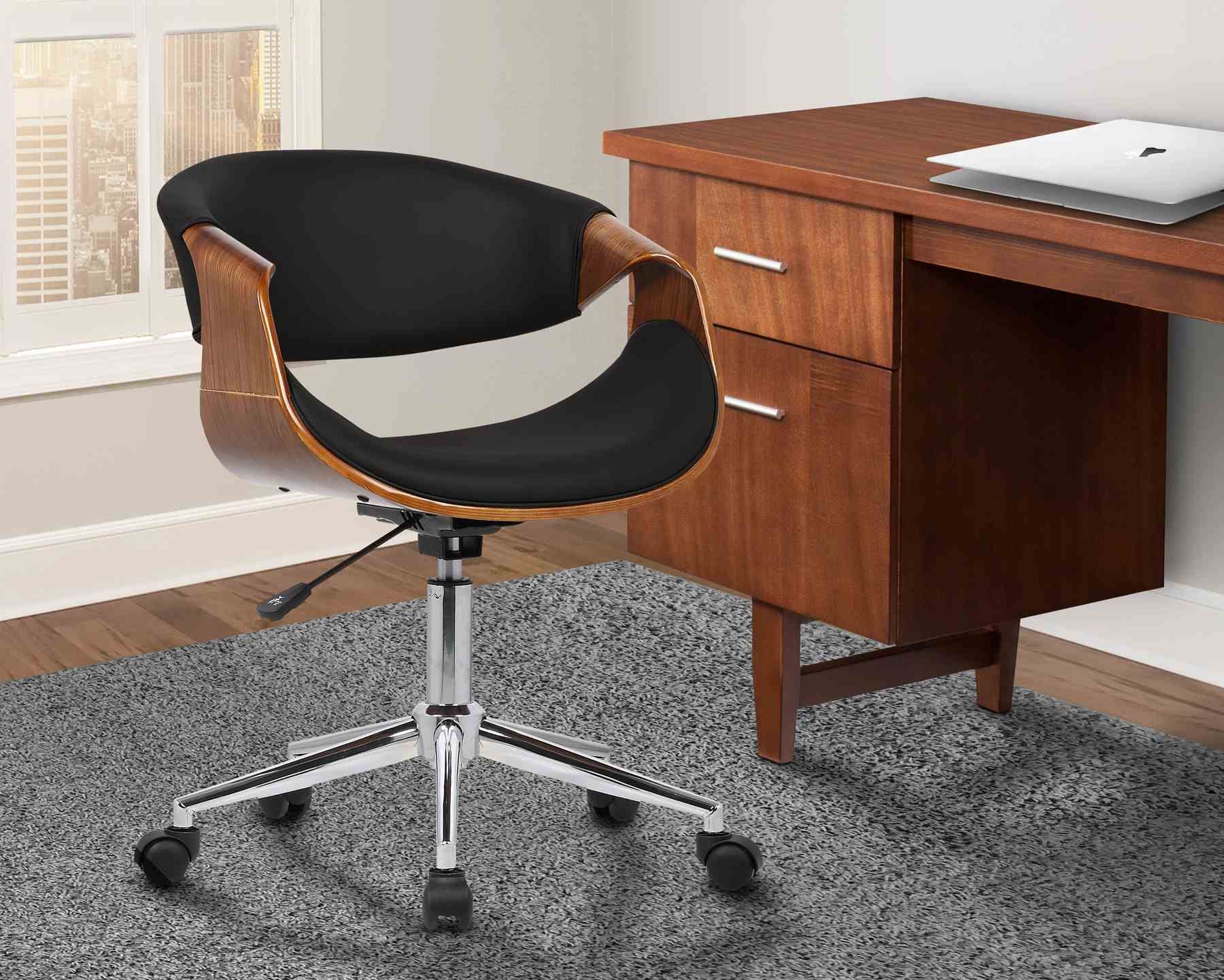 Geneva Mid-Century Office Chair in Chrome finish with Black Faux Leather and Walnut Veneer Arms - Image 7